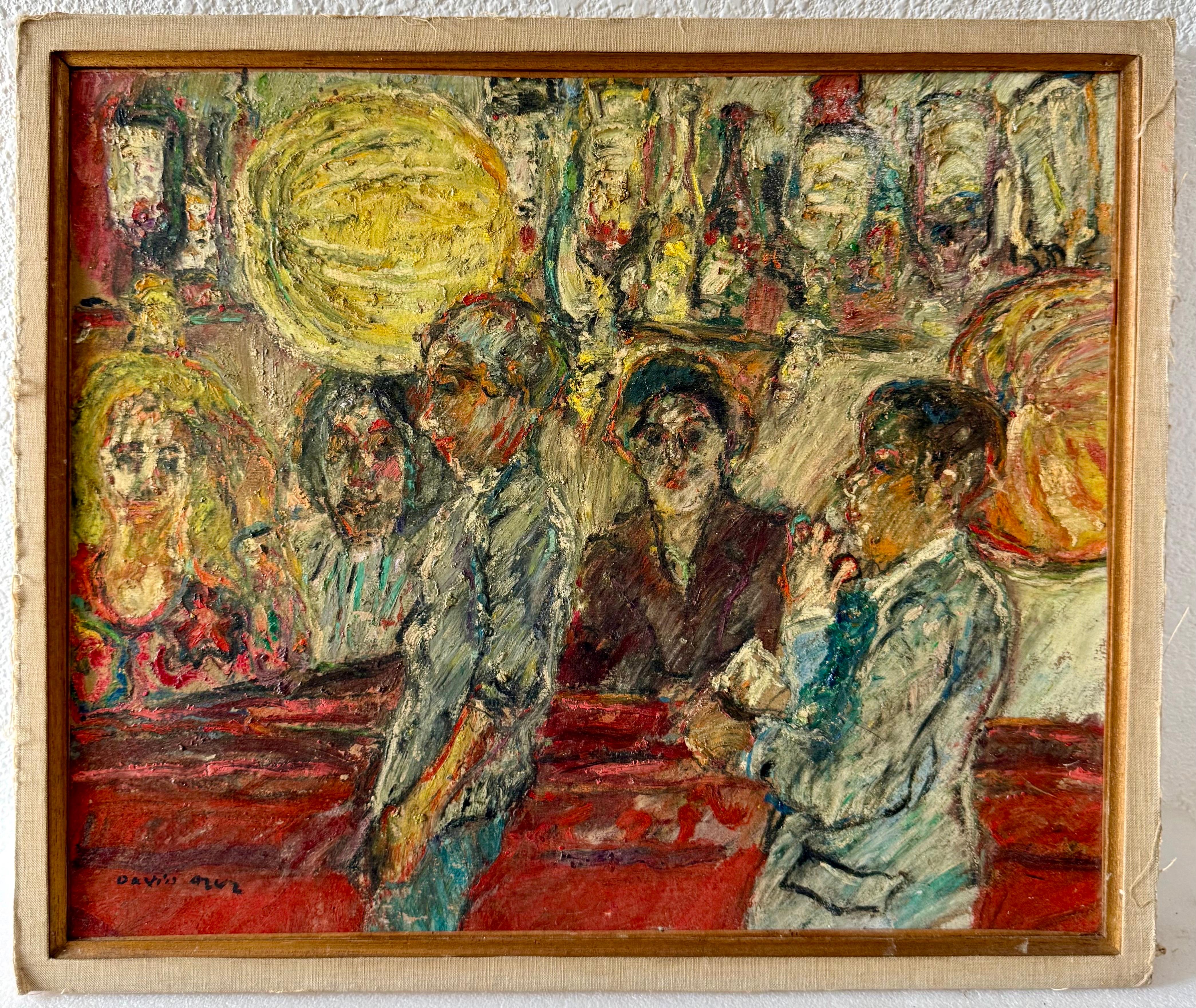Peinture à l'huile naïve du Français David Azuz Scène de bar à Paris Fauviste colorée en vente 2
