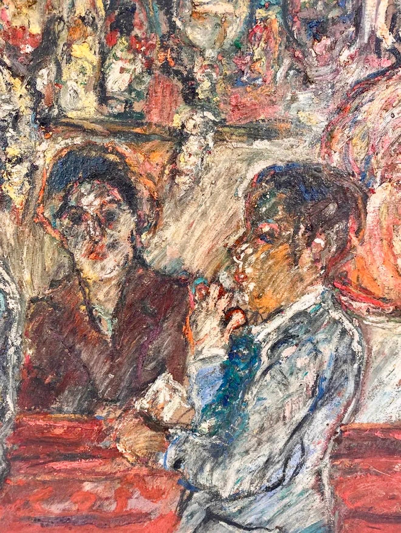 Peinture à l'huile naïve du Français David Azuz Scène de bar à Paris Fauviste colorée en vente 3