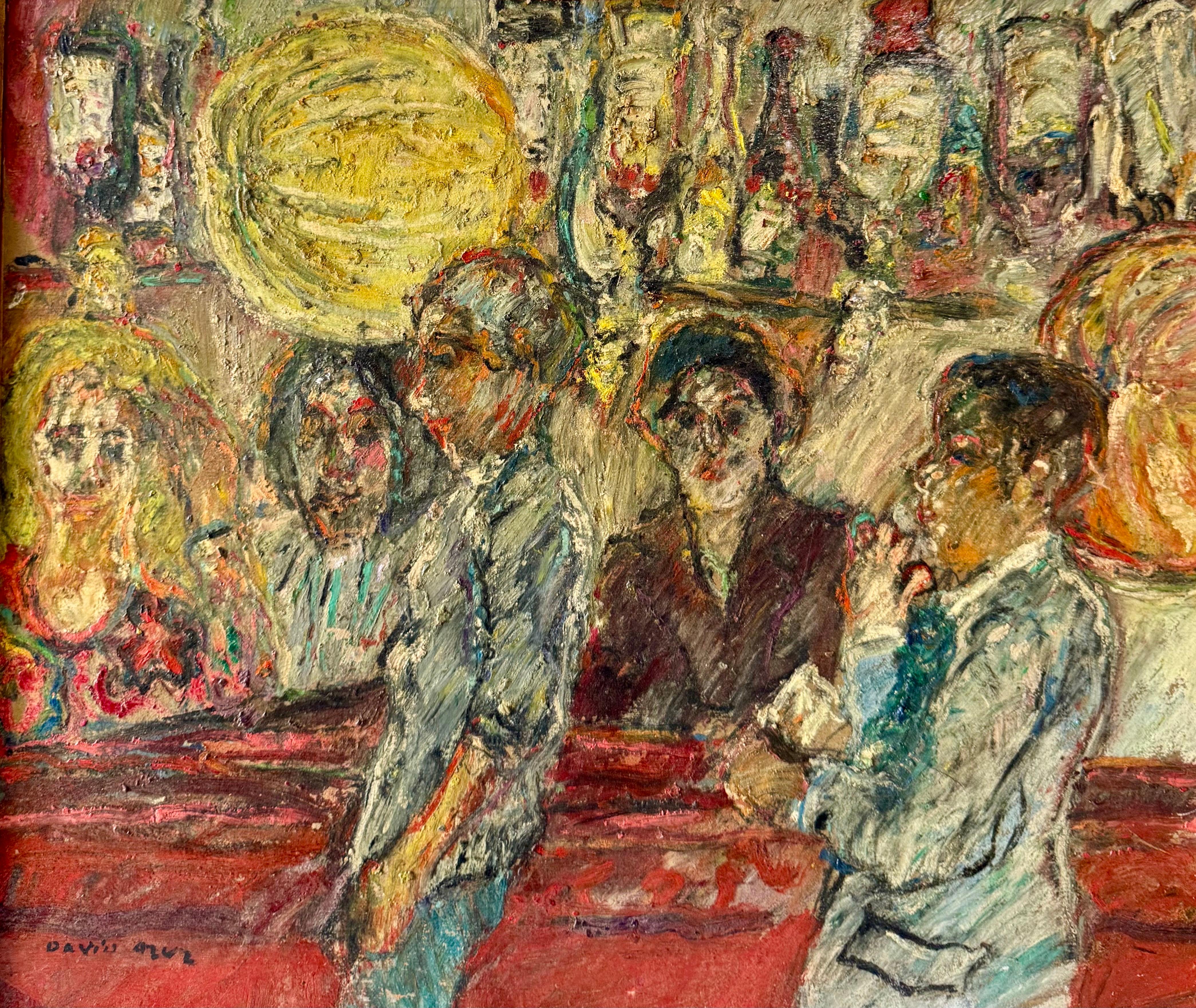 Peinture à l'huile naïve du Français David Azuz Scène de bar à Paris Fauviste colorée en vente 6