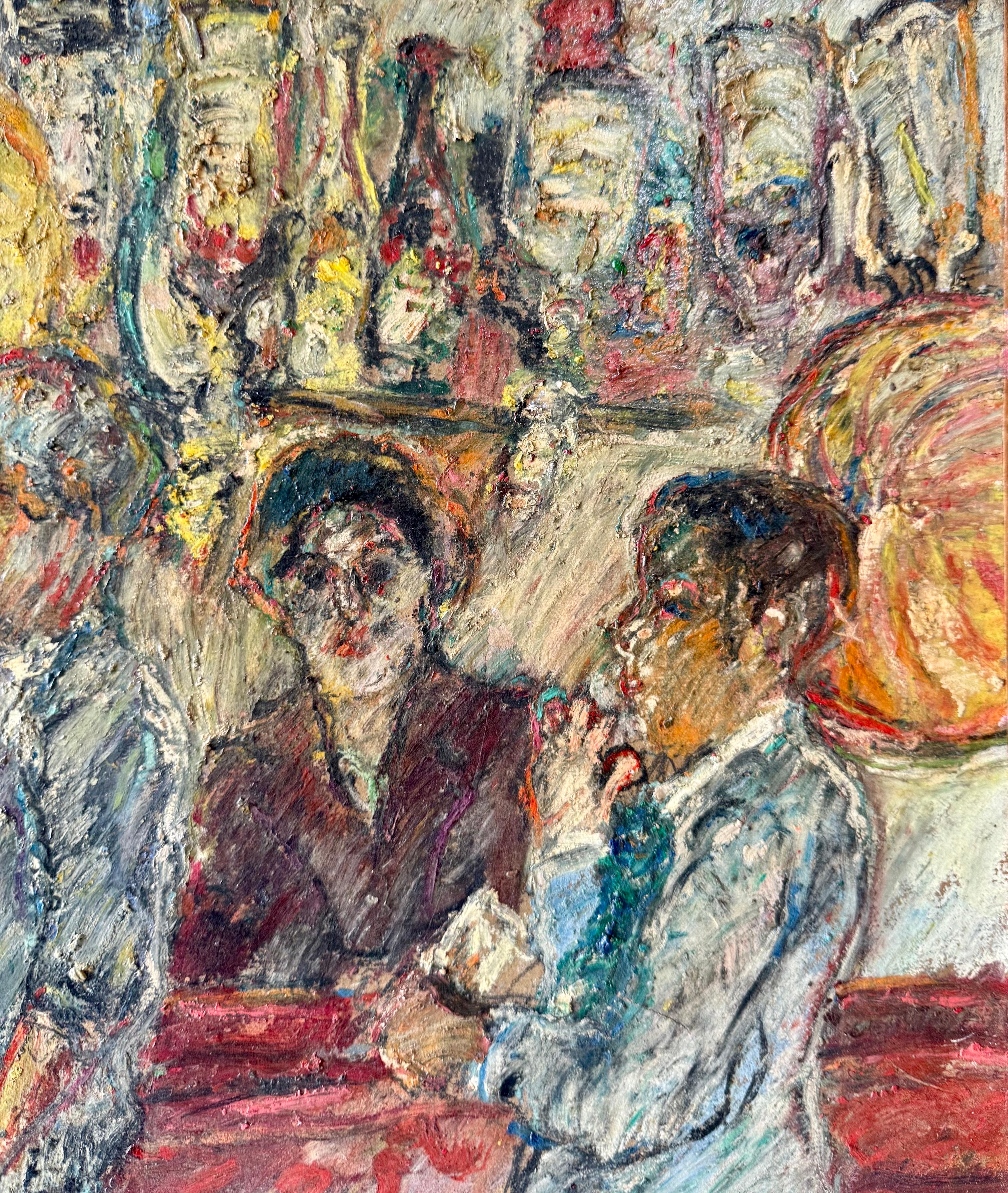 Peinture à l'huile naïve du Français David Azuz Scène de bar à Paris Fauviste colorée en vente 7