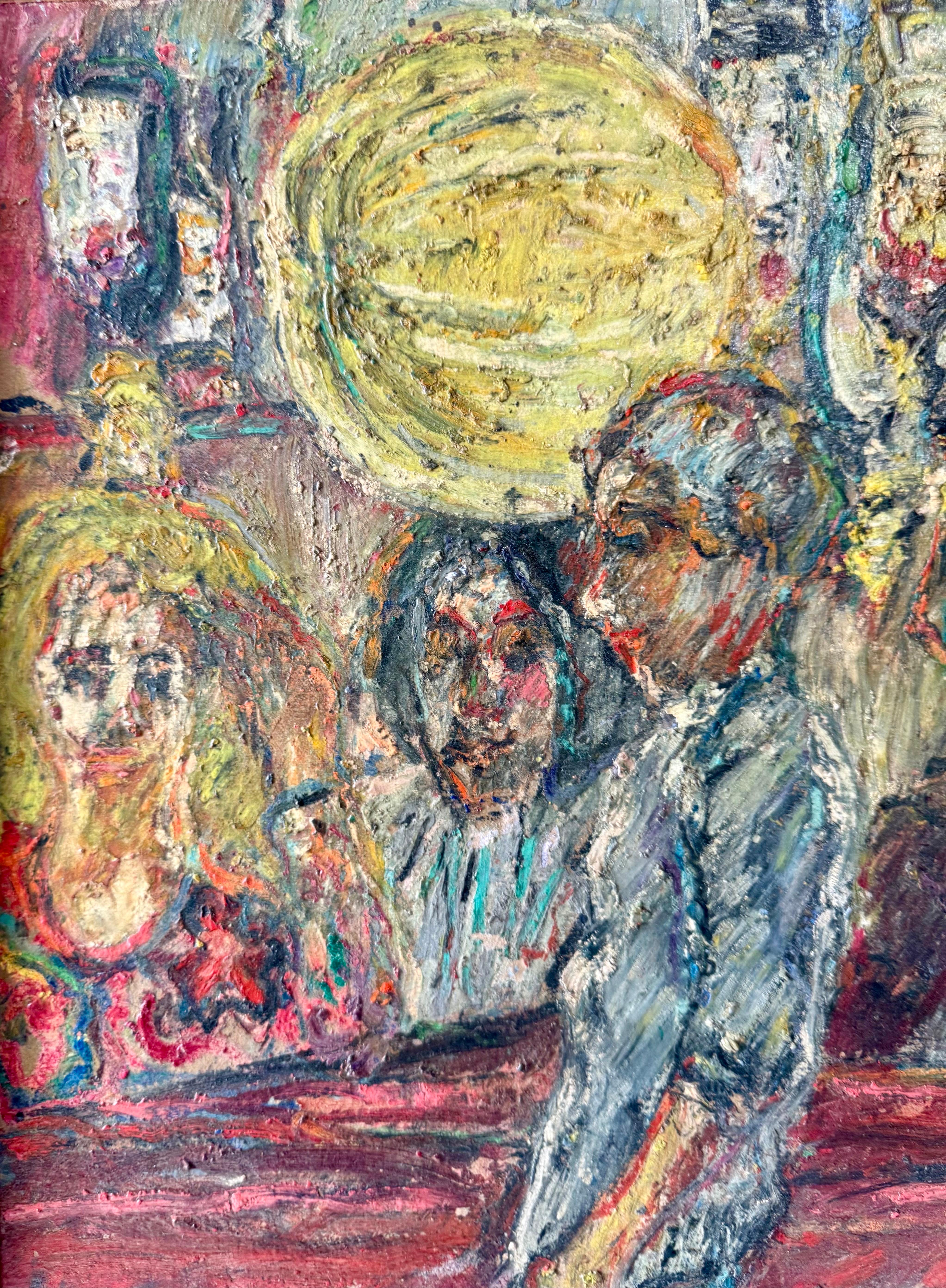 Peinture à l'huile naïve du Français David Azuz Scène de bar à Paris Fauviste colorée en vente 8