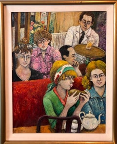 Israeli French Folk Art Pittura ad olio naif Cafe Wine Bar Paris Colorful Fauvist