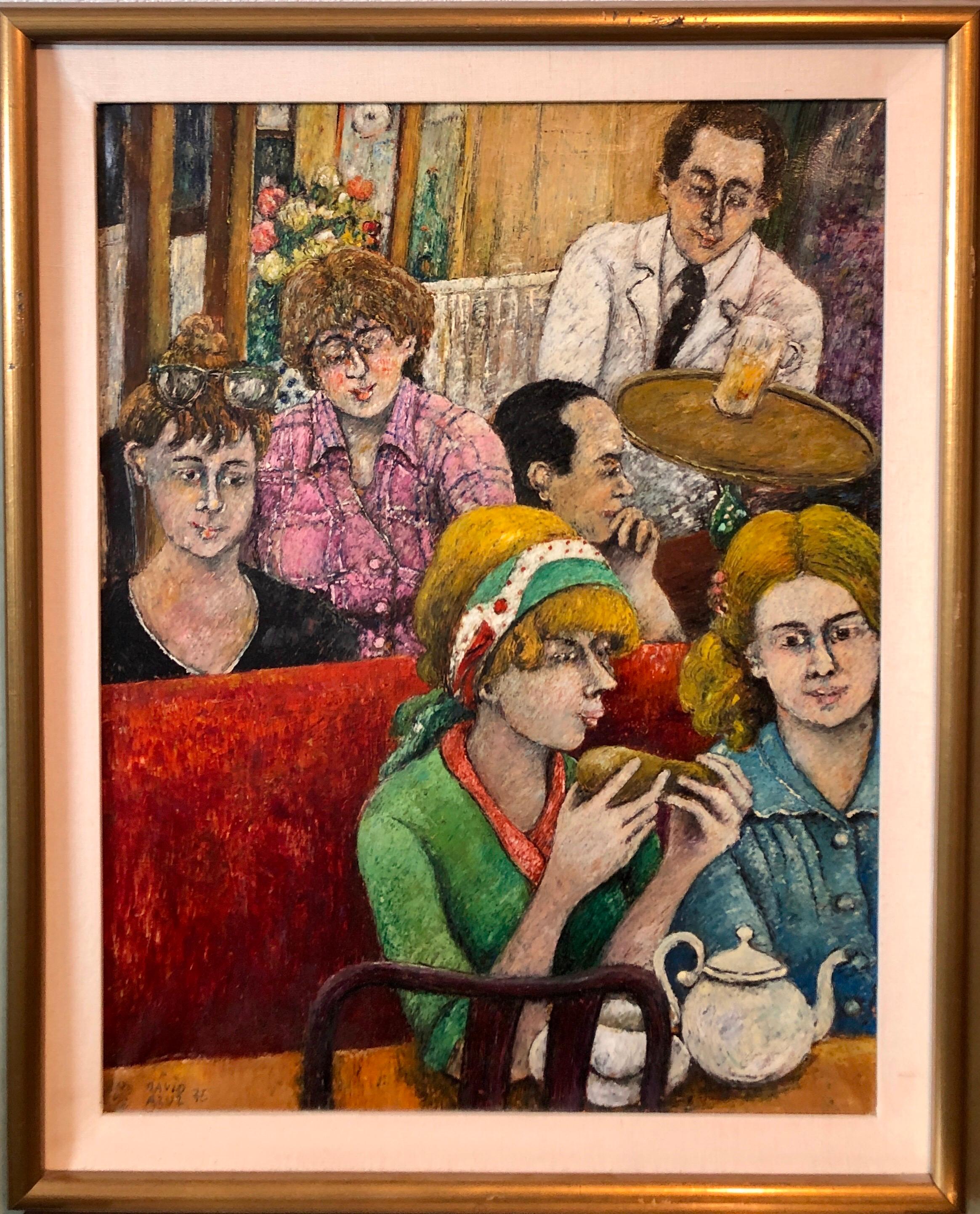 Israeli French Folk Art Naive Pintura al óleo Cafe Wine Bar Paris Colorful Fauvist - Painting Moderno de David Azuz