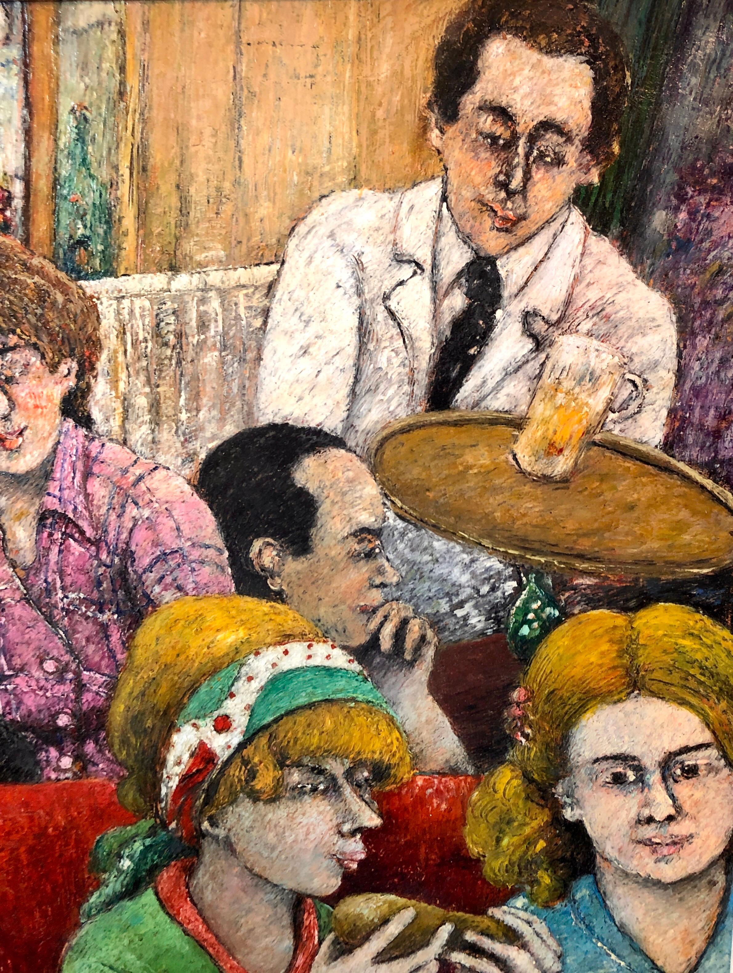 Israeli French Folk Art Naive Pintura al óleo Cafe Wine Bar Paris Colorful Fauvist en venta 3
