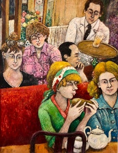 Peinture à l'huile naïve israélienne d'art populaire français, café et vin bar, Paris, fauviste colorée 