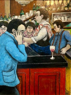 Israeli French Folk Art Naive Oil Painting Wine Bar in Paris Colorful Fauvist