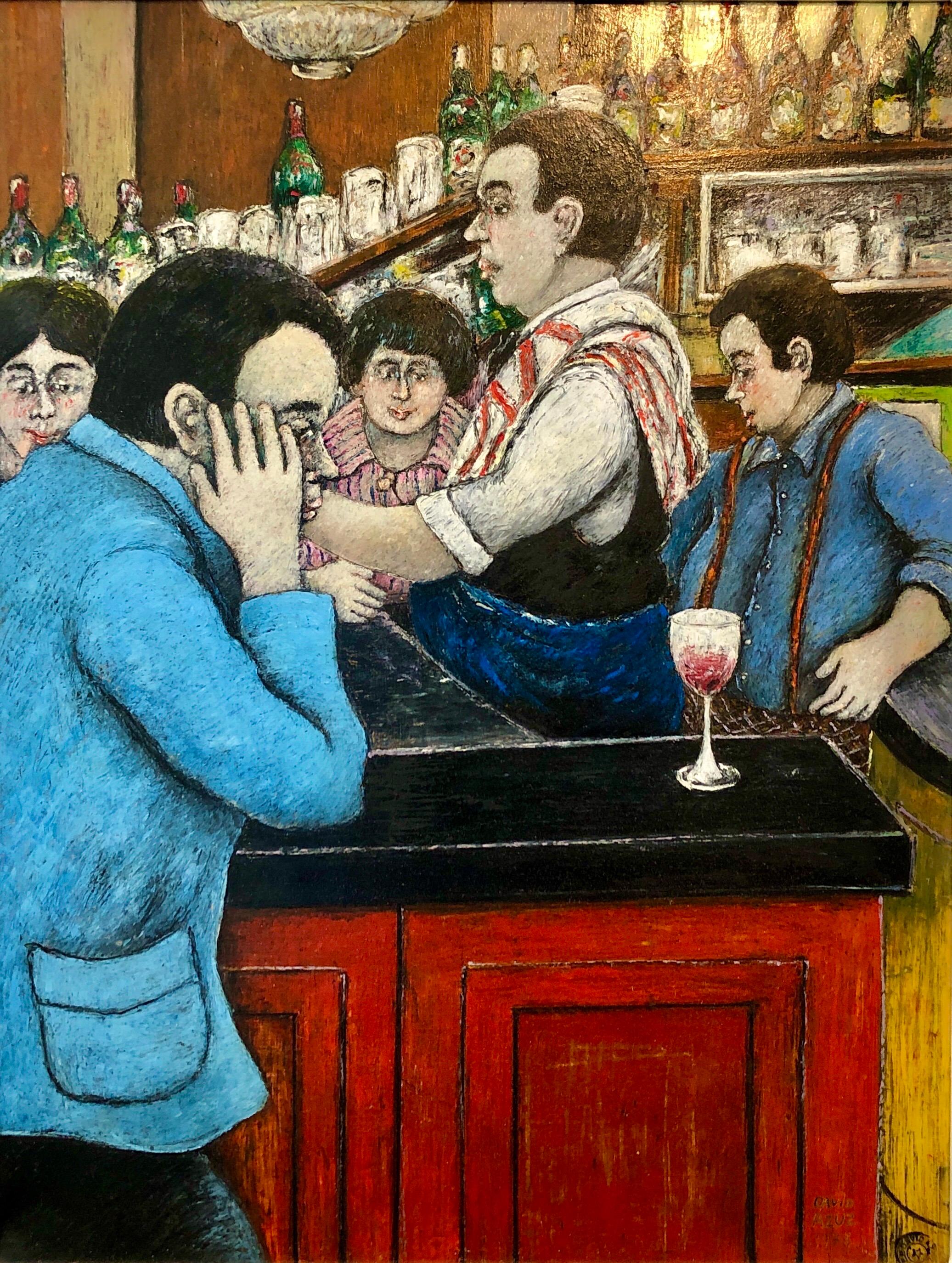 Israeli French Folk Art Pittura ad olio naif Wine Bar a Parigi Colorful Fauvist - Painting di David Azuz