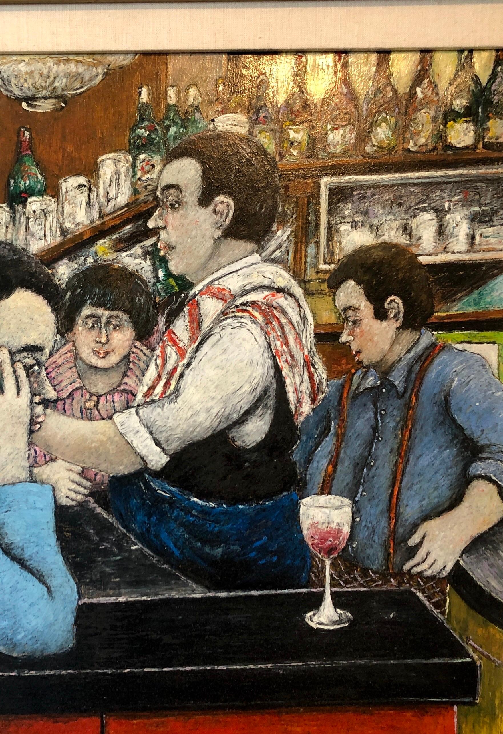Israeli French Folk Art Pittura ad olio naif Wine Bar a Parigi Colorful Fauvist - Figurative Painting Marrone di David Azuz