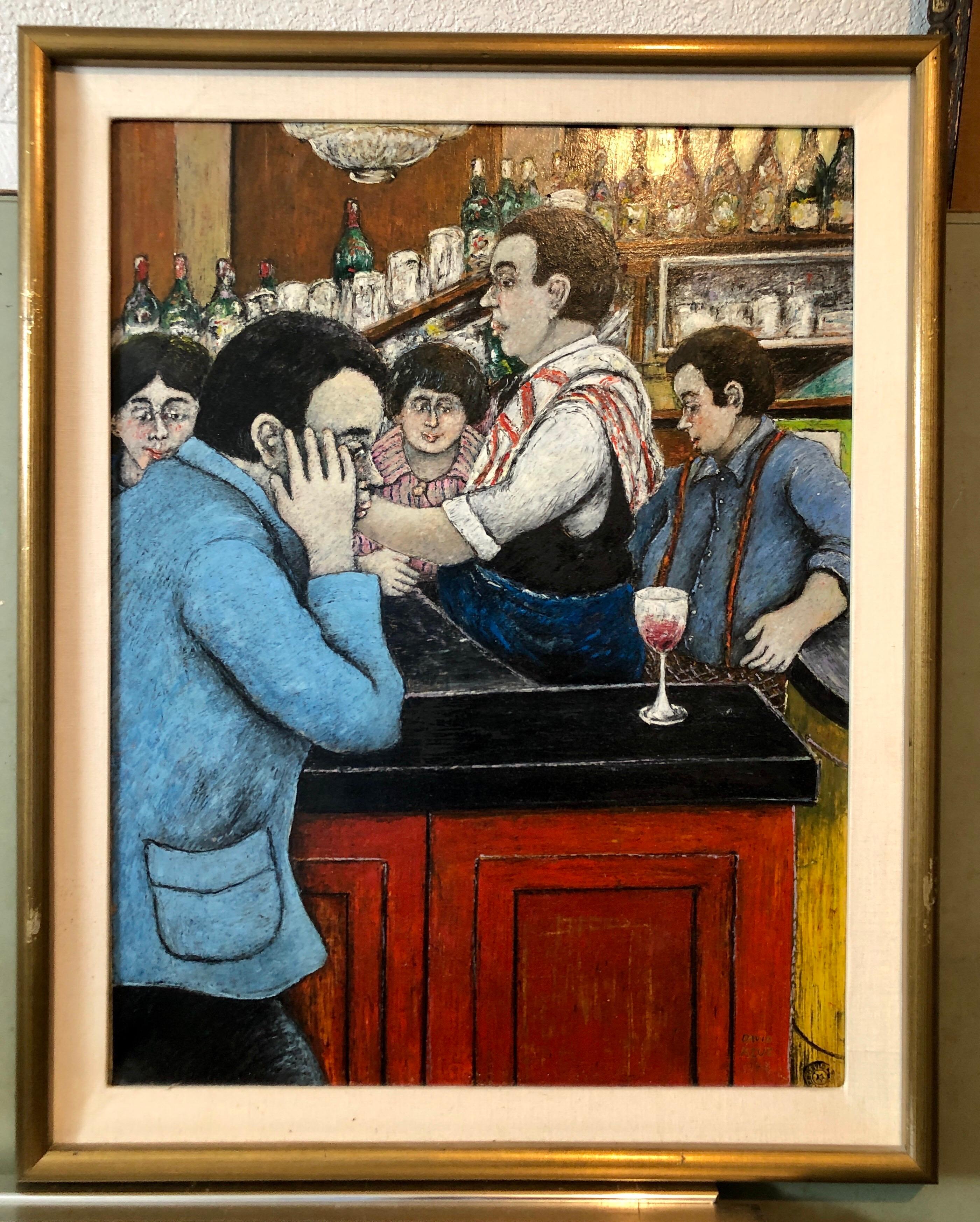 Israeli French Folk Art Naive Oil Painting Wine Bar in Paris Colorful Fauvist  For Sale 1