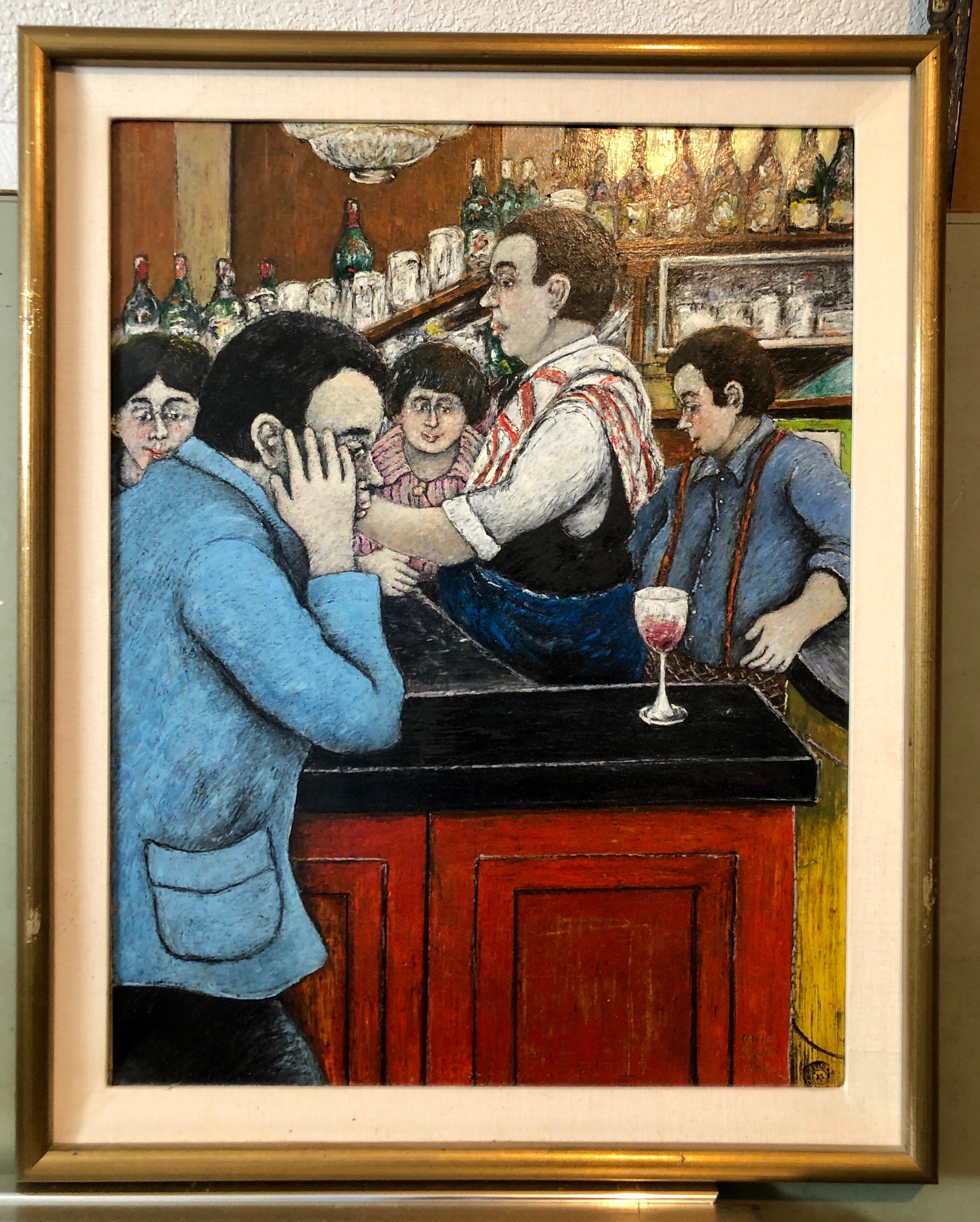 Israeli French Folk Art Pittura ad olio naif Wine Bar a Parigi Colorful Fauvist in vendita 2