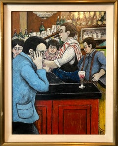 Peinture à l'huile naïve d'art populaire français israélien d'un bar à vin coloré fauviste de Paris 