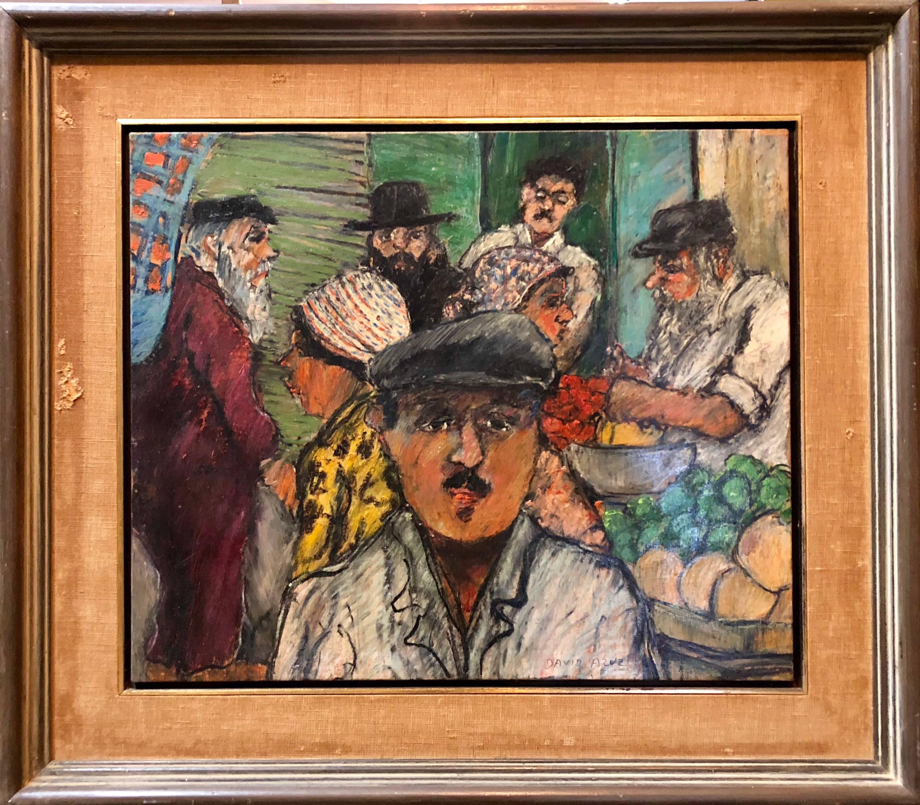Shopping al mercato di Shuk Machane Yehuda Pittura a olio pastello modernista israeliana - Painting di David Azuz