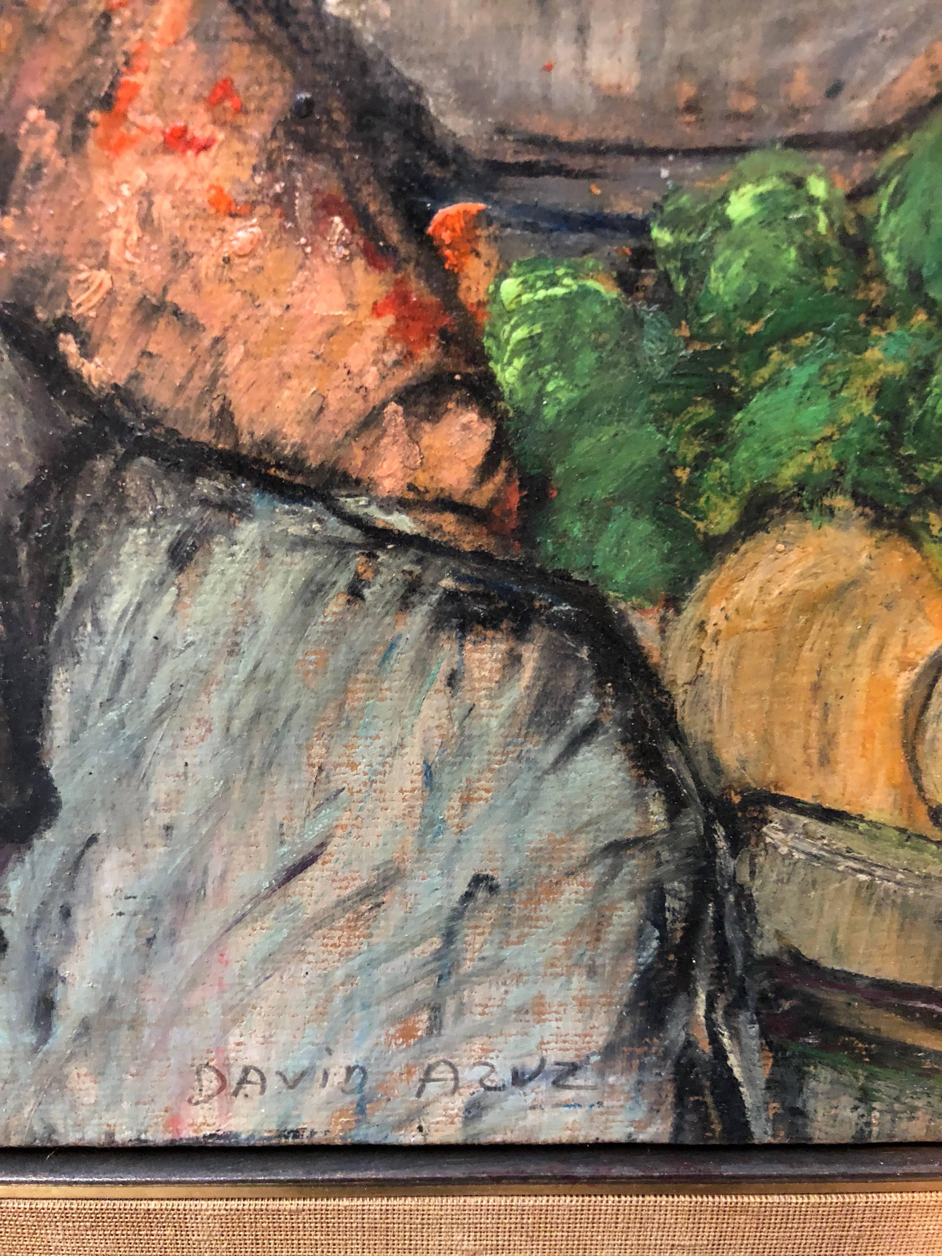 Shopping al mercato di Shuk Machane Yehuda Pittura a olio pastello modernista israeliana - Painting Moderno di David Azuz