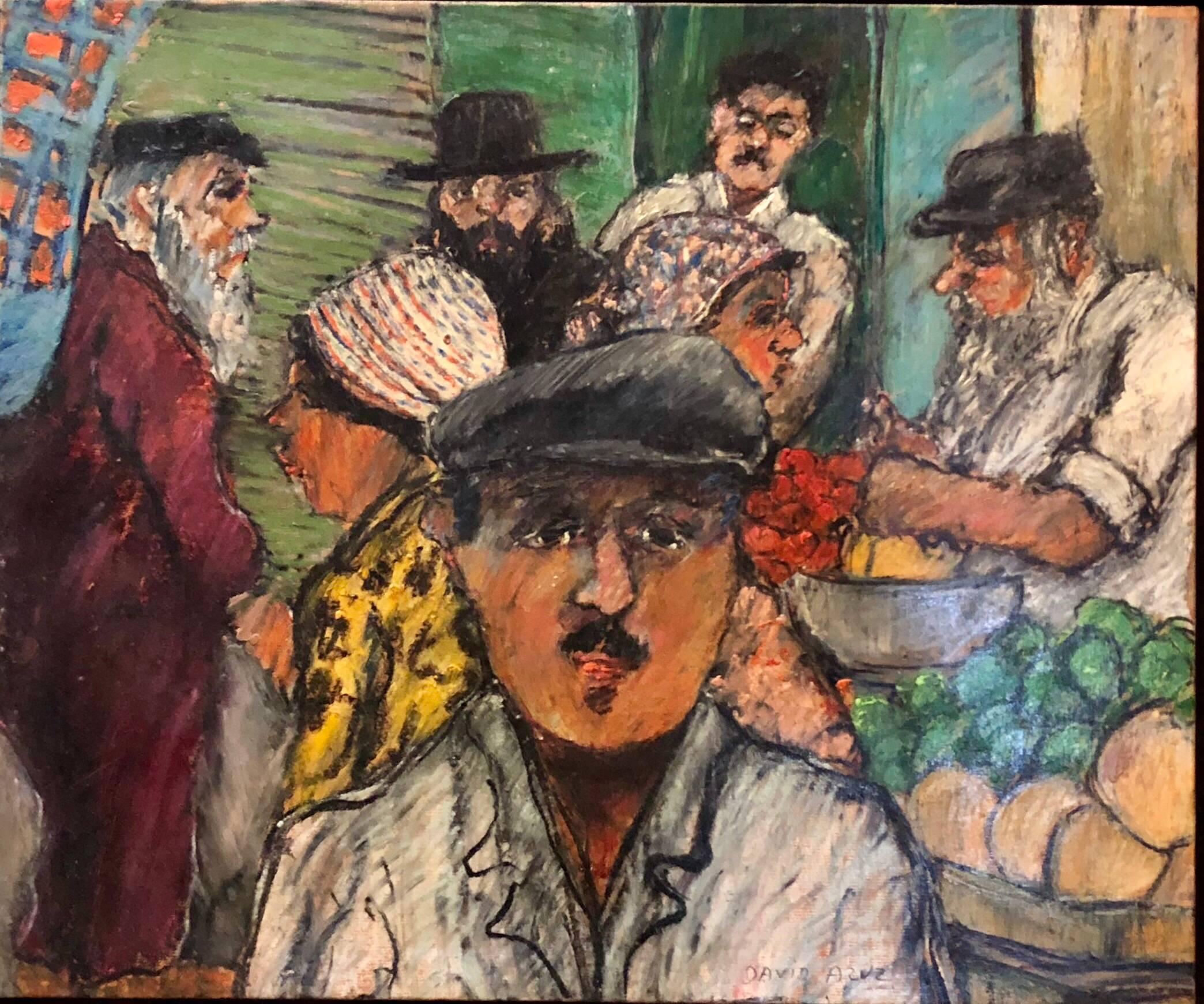 David Azuz Figurative Painting - Shopping the Market Shuk Machane Yehuda Israeli Modernist Oil Pastel Painting