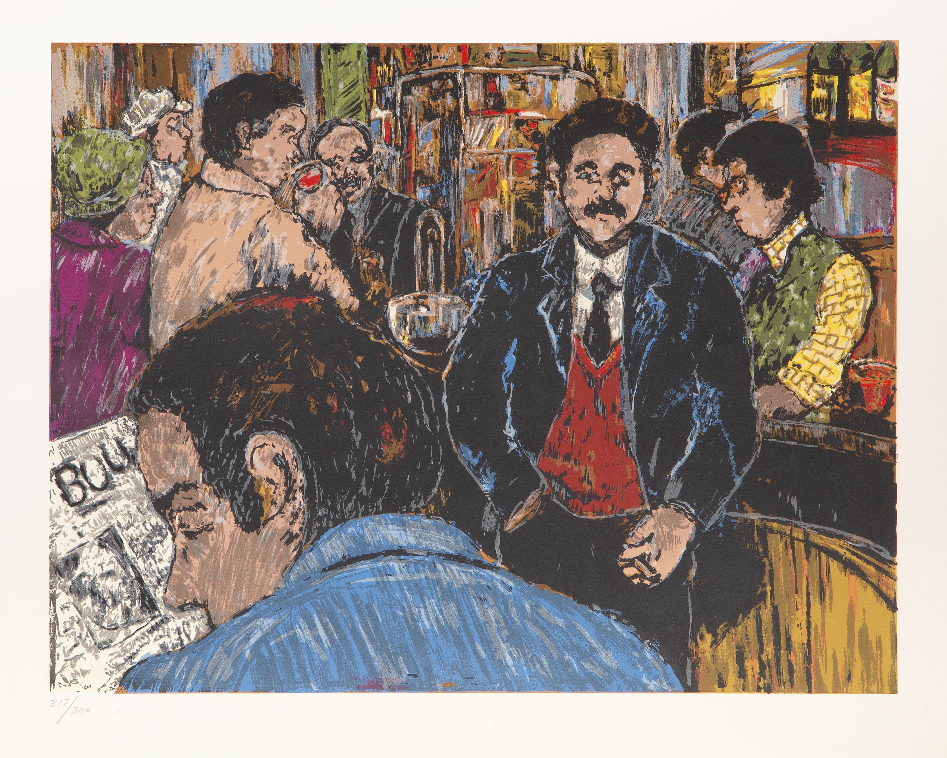 Bar Scene
David Azuz, Israeli/French (1942–2014)
Date: circa 1980
Lithograph, numbered in pencil
Edition of 217/300
Image Size: 19.75 x 25.5 inches
Size: 26 x 32.5 in. (66.04 x 82.55 cm)
