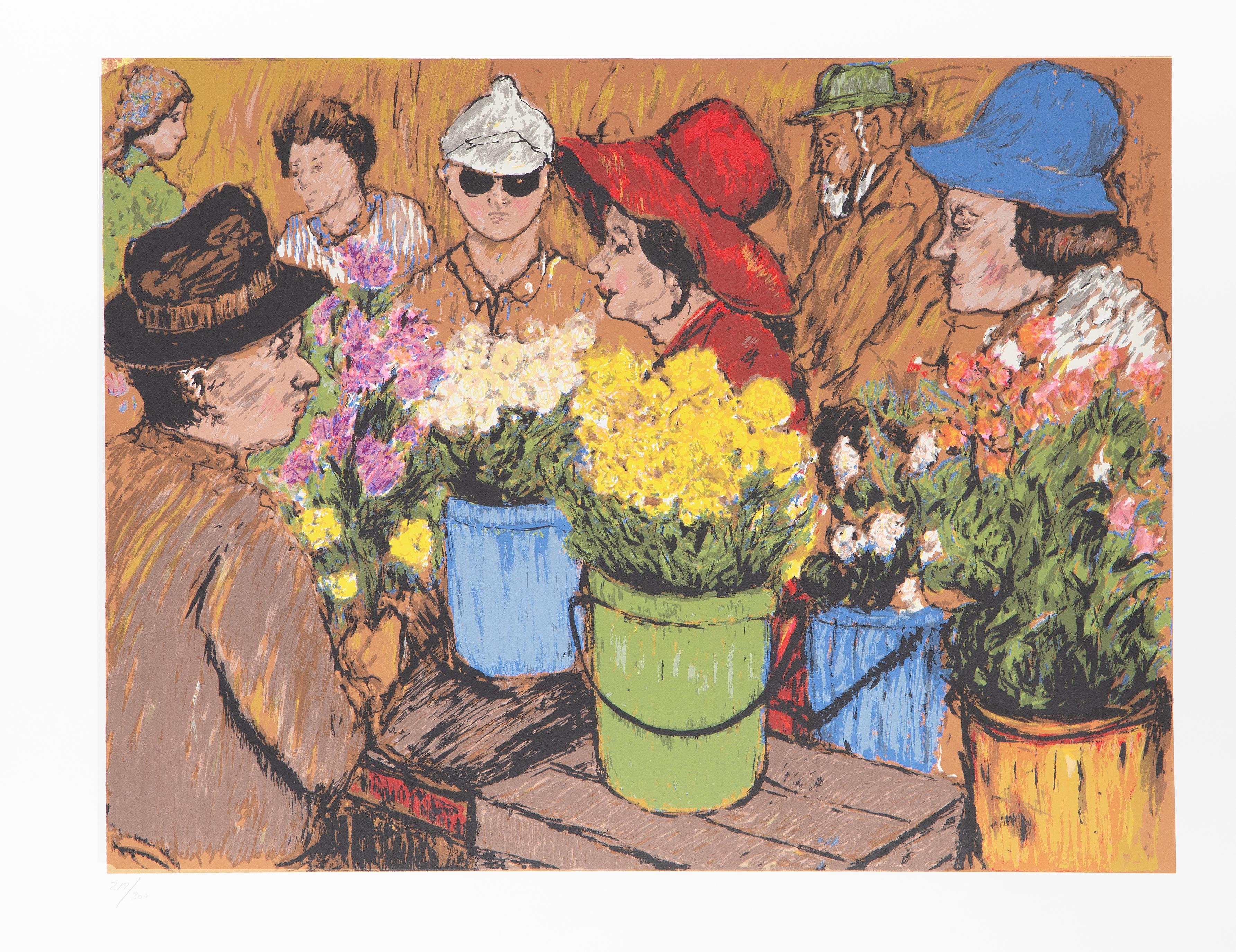 Marché aux fleurs
David Azuz, Israélien/Français (1942-2014)
Date : circa 1980
Lithographie, numérotée au crayon
Edition de 217/300
Taille de l'image : 19.75 x 25.75 pouces
Taille : 26 x 32.5 in. (66.04 x 82.55 cm)