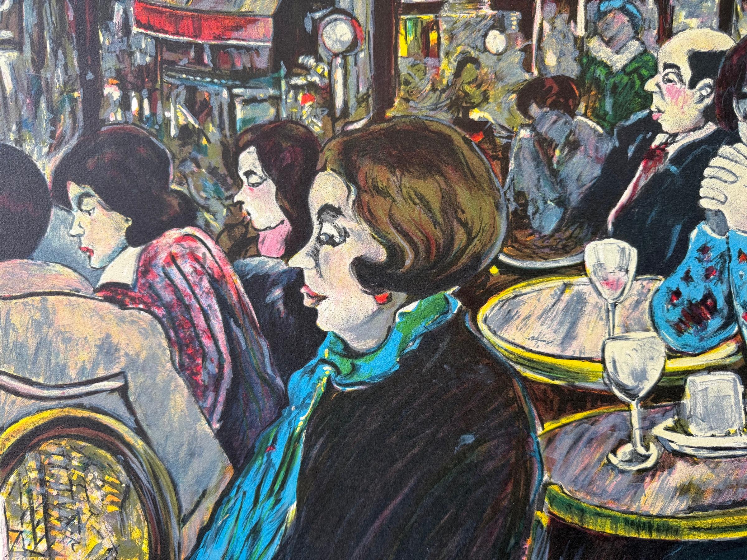 LE BISTRO Litografía original, Mujeres sentadas en pequeñas mesas redondas Café parisino - Print de David Azuz