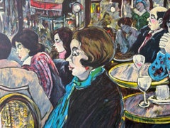 LE BISTRO Litografía original, Mujeres sentadas en pequeñas mesas redondas Café parisino