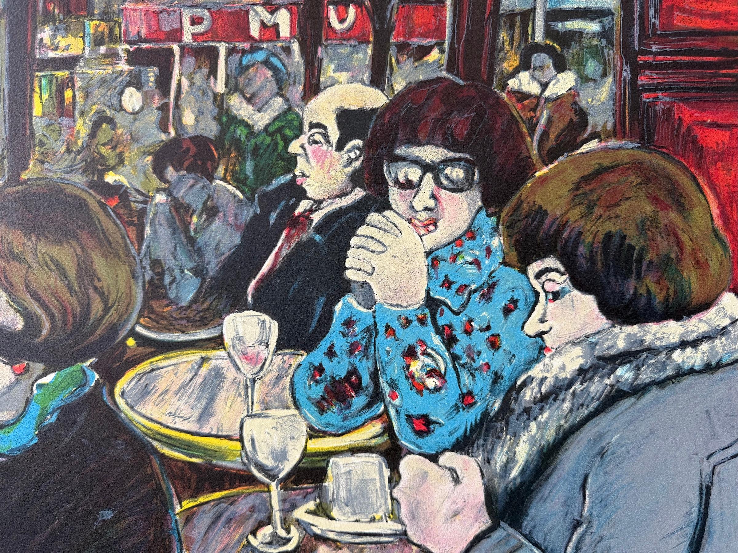 LE BISTRO Litografía original, Mujeres sentadas en pequeñas mesas redondas Café parisino - Print Contemporáneo de David Azuz