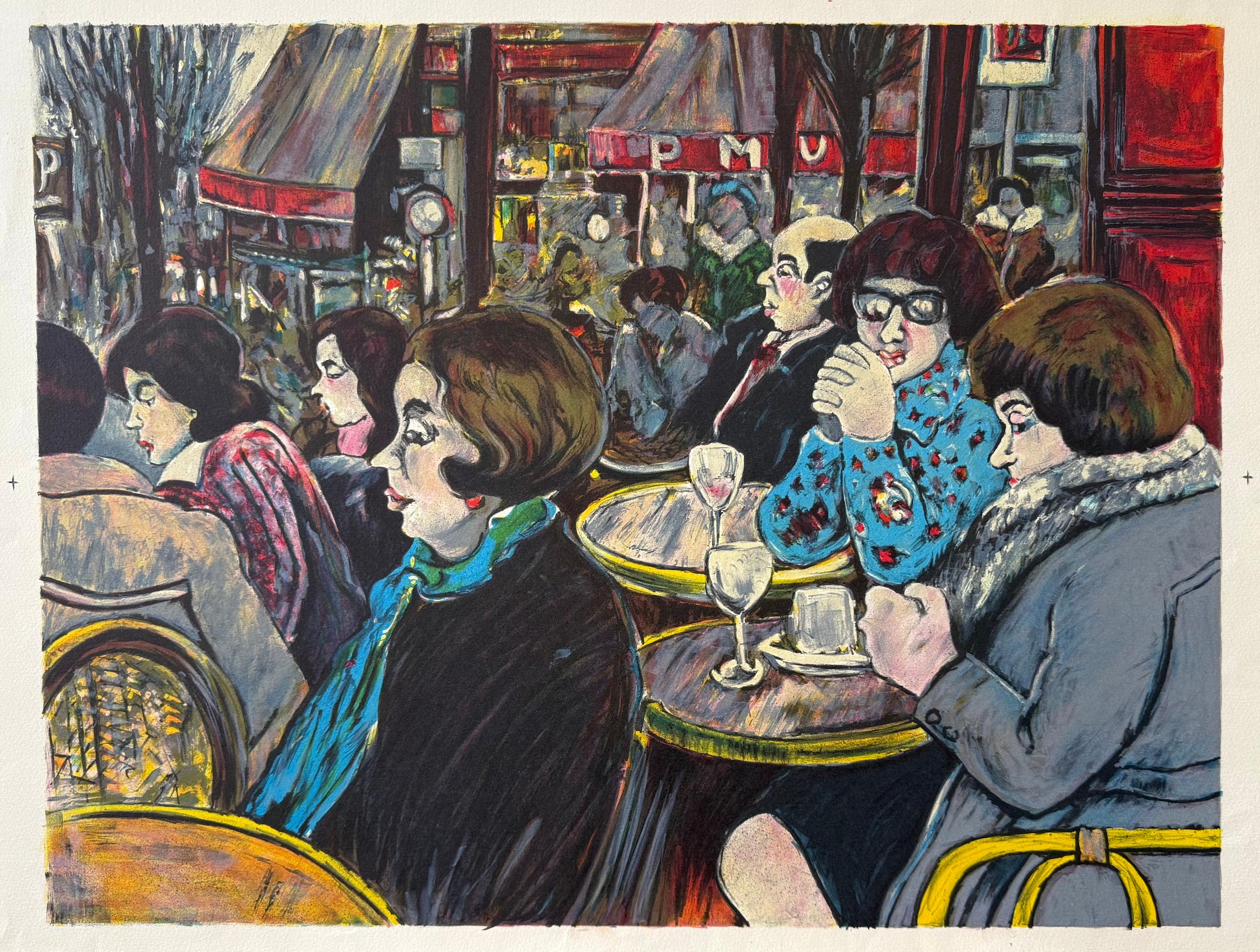 LE BISTRO Litografía original, Mujeres sentadas en pequeñas mesas redondas Café parisino - Figurative Print Gris de David Azuz