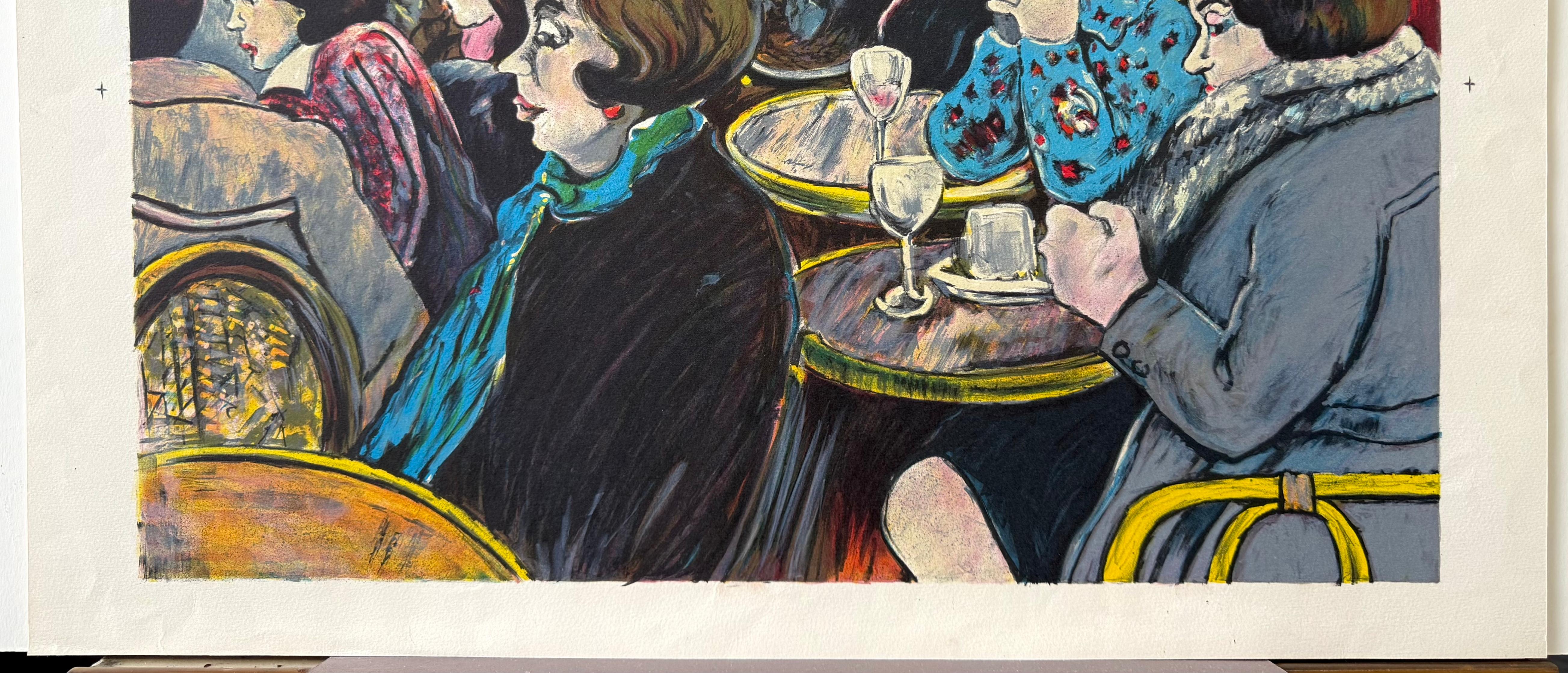 LE BISTRO Litografía original, Mujeres sentadas en pequeñas mesas redondas Café parisino en venta 1