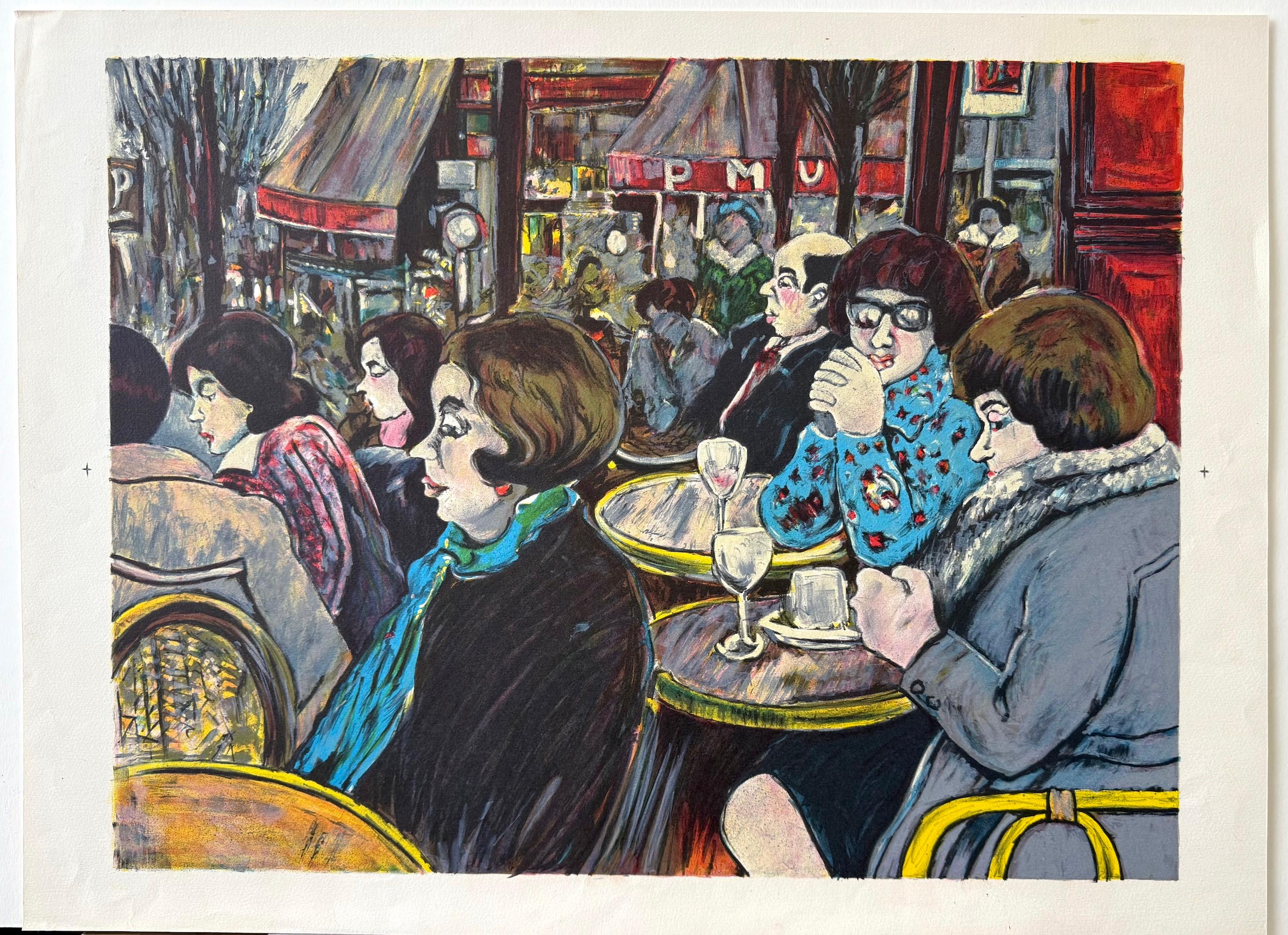 LE BISTRO Litografía original, Mujeres sentadas en pequeñas mesas redondas Café parisino en venta 3