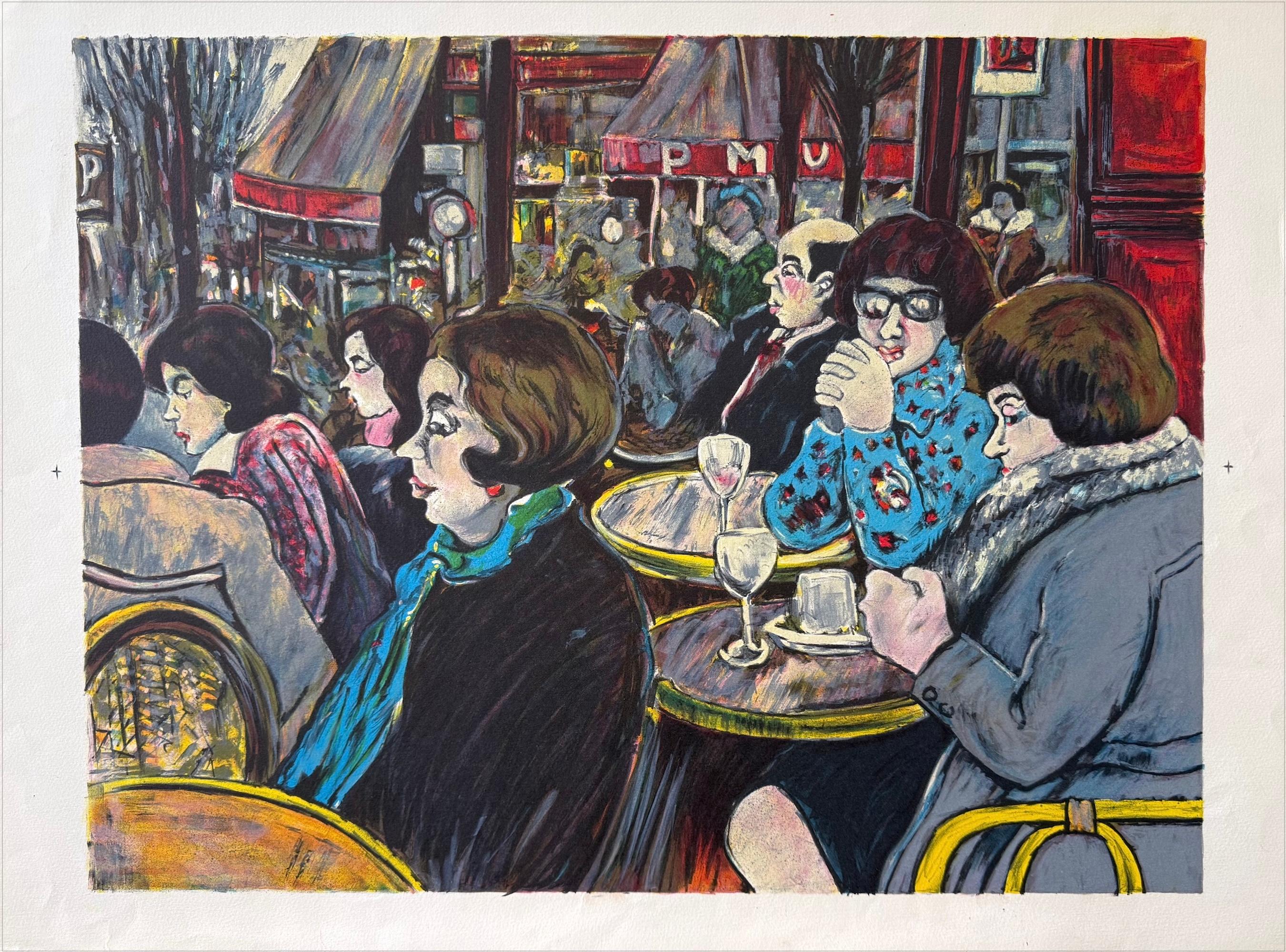 LE BISTRO Litografía original, Mujeres sentadas en pequeñas mesas redondas Café parisino