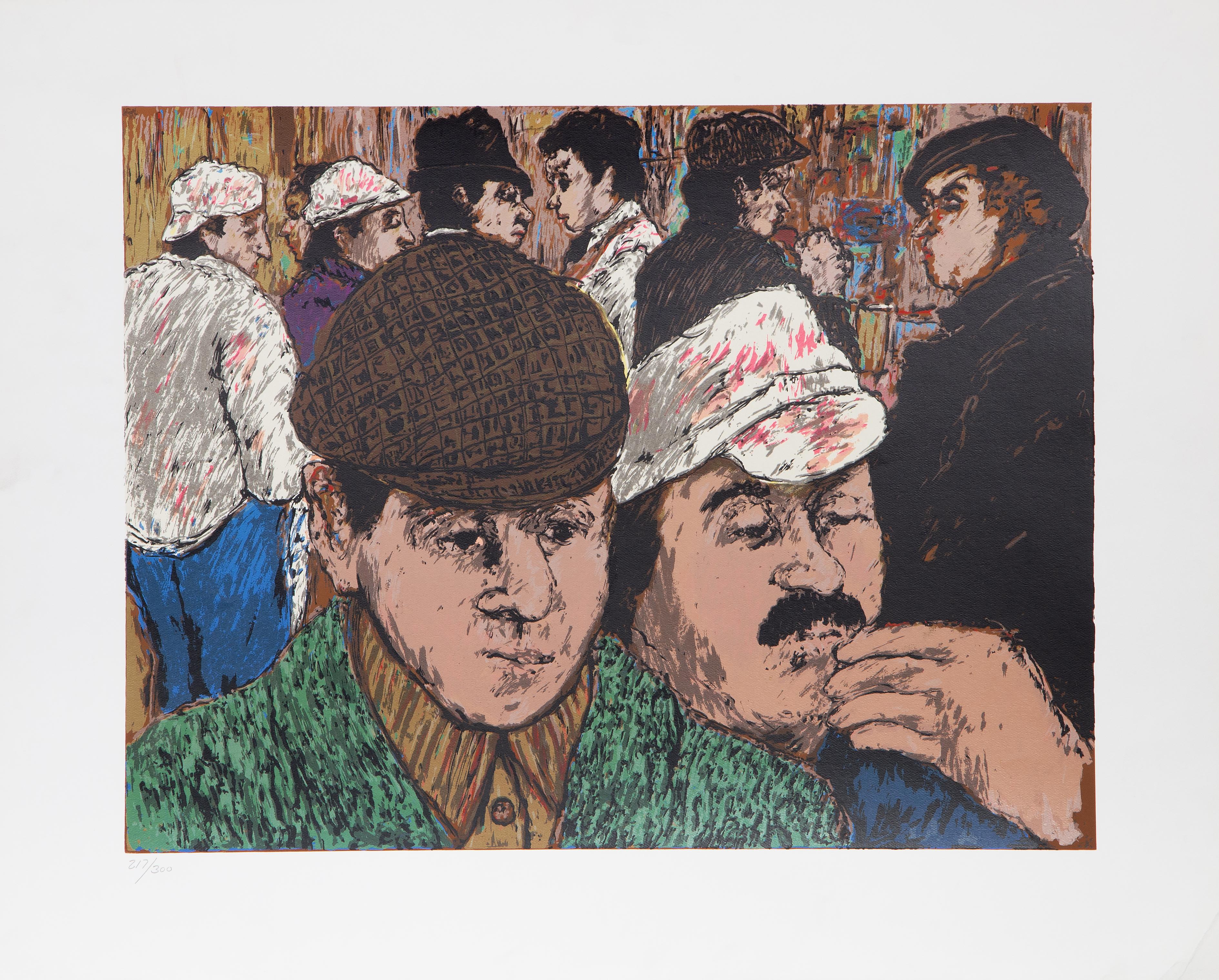 Men in Hats
David Azuz, Israeli/French (1942–2014)
Date: circa 1980
Lithograph, numbered in pencil
Edition of 217/300
Image Size: 19.75 x 25.5 inches
Size: 26 x 32.5 in. (66.04 x 82.55 cm)