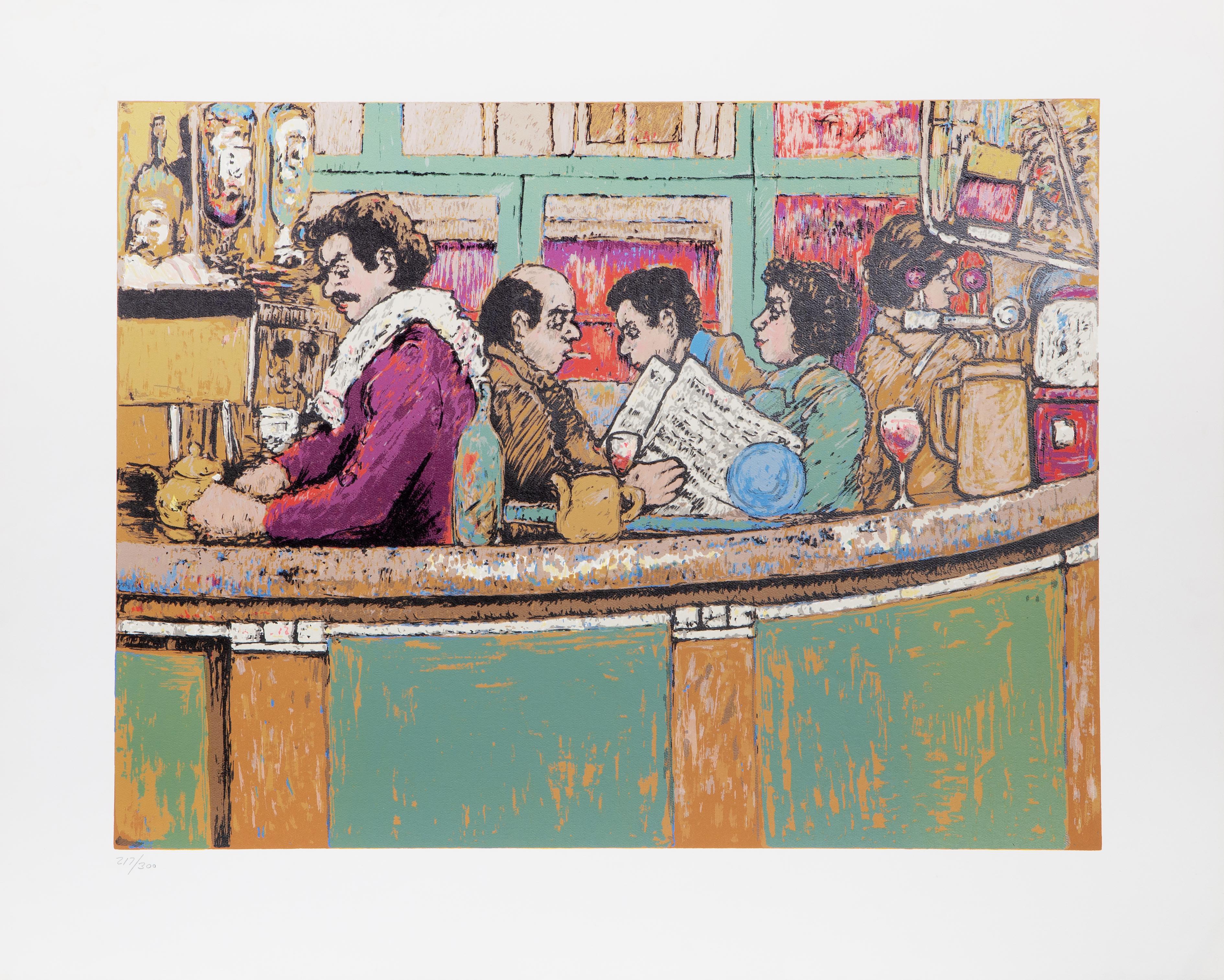 Matinée au café
David Azuz, Israélien/Français (1942-2014)
Date : circa 1980
Lithographie, numérotée au crayon
Edition de 217/300
Taille de l'image : 19.75 x 26 pouces
Taille : 26 x 32.5 in. (66.04 x 82.55 cm)
