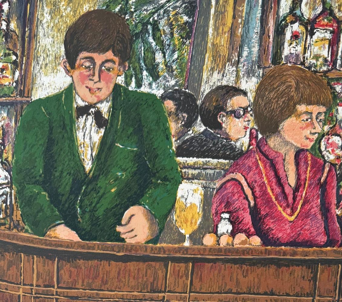 YOUNG BARMAN Signed Lithograph, Man Making Drinks, Nostalgic Paris Bar Scene - Print by David Azuz