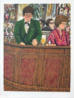 YOUNG BARMAN Signed Lithograph, Man Making Drinks, Nostalgic Paris Bar Scene
