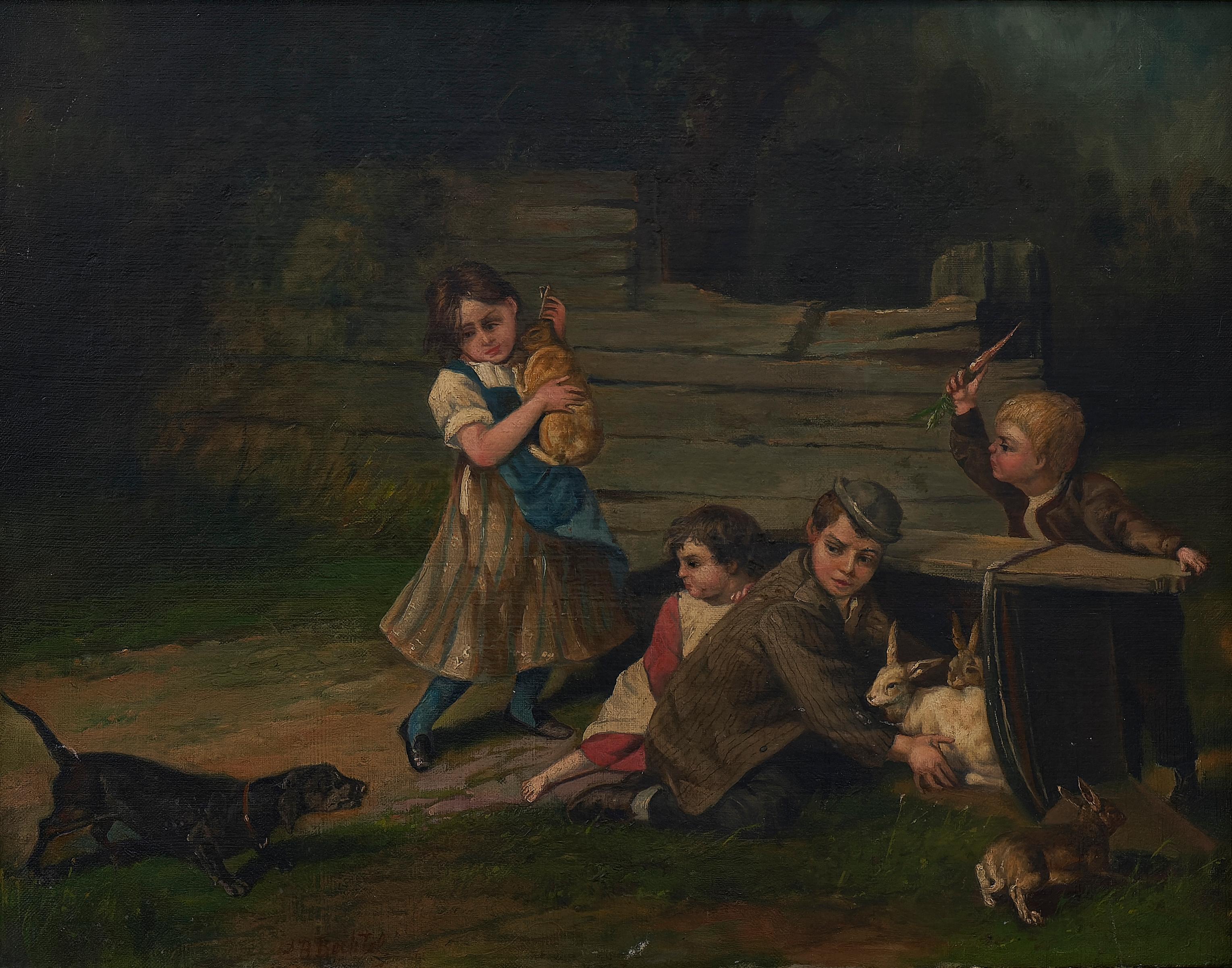 David B Bechtel (1895 - 1960) Peinture du 19e siècle avec des scènes d'enfants protégeant des lapins du chien de la famille 

Huile sur toile 

16