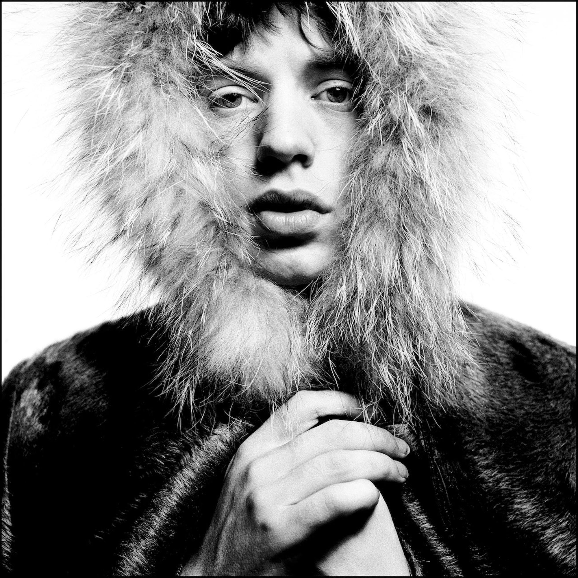David Bailey Black and White Photograph - Mick in Fur Hood