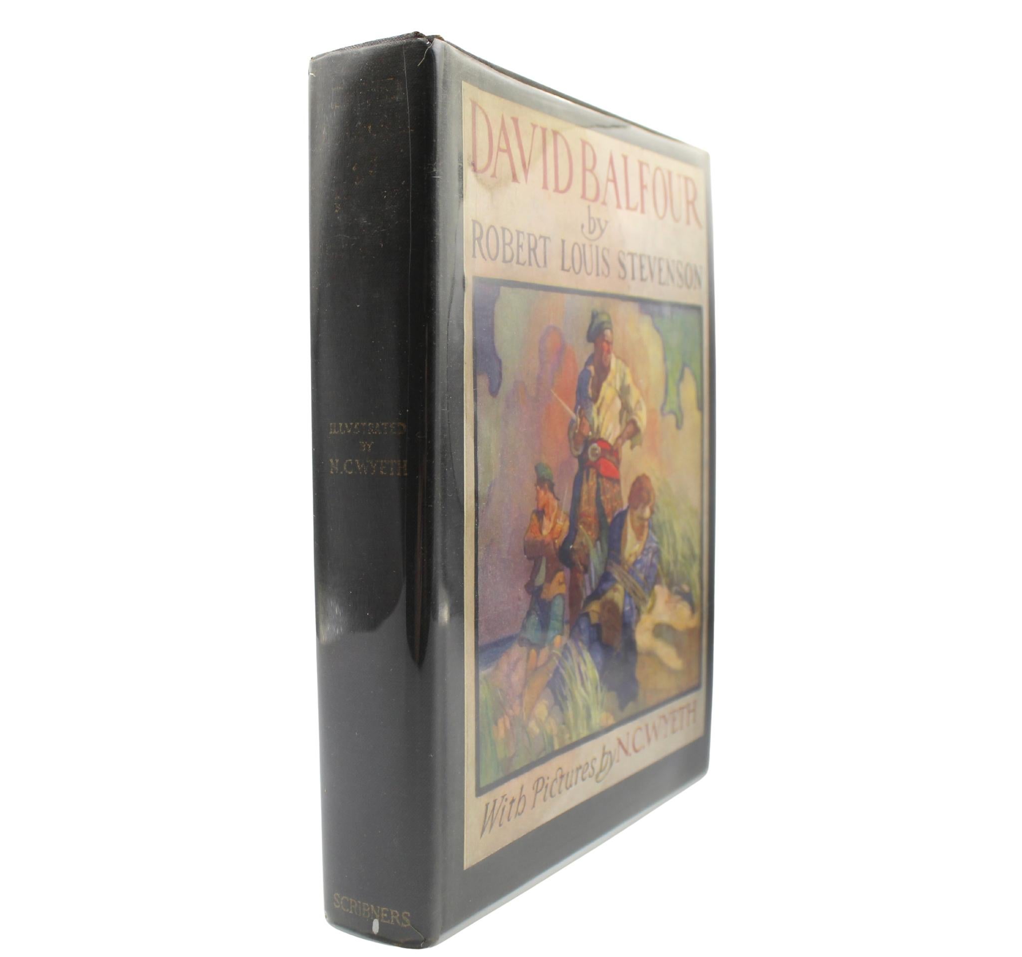 Stevenson, Robert Louis Stevenson. David Balfour. Nueva York: Charles Scribner's Sons, 1930. Primera edición ilustrada por N. C. Wyeth. En cartoné original de tela negra con ilustración a todo color, títulos dorados en el lomo y guardas ilustradas.