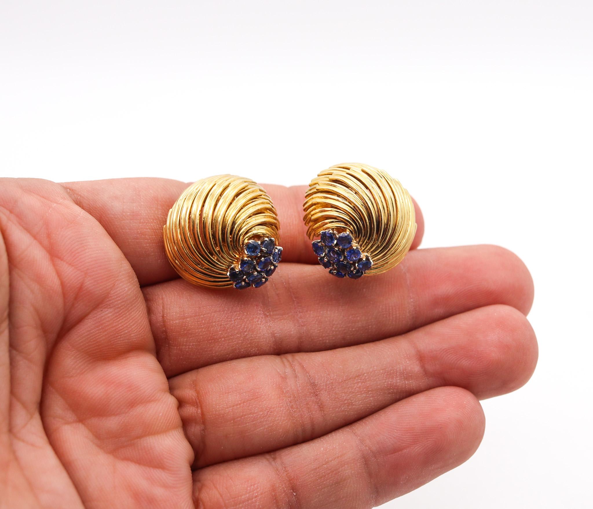 Round Cut David Balogh 1960 Ear Clips In 18Kt Yellow Gold With 2.04 Ctw In Blue Sapphires For Sale