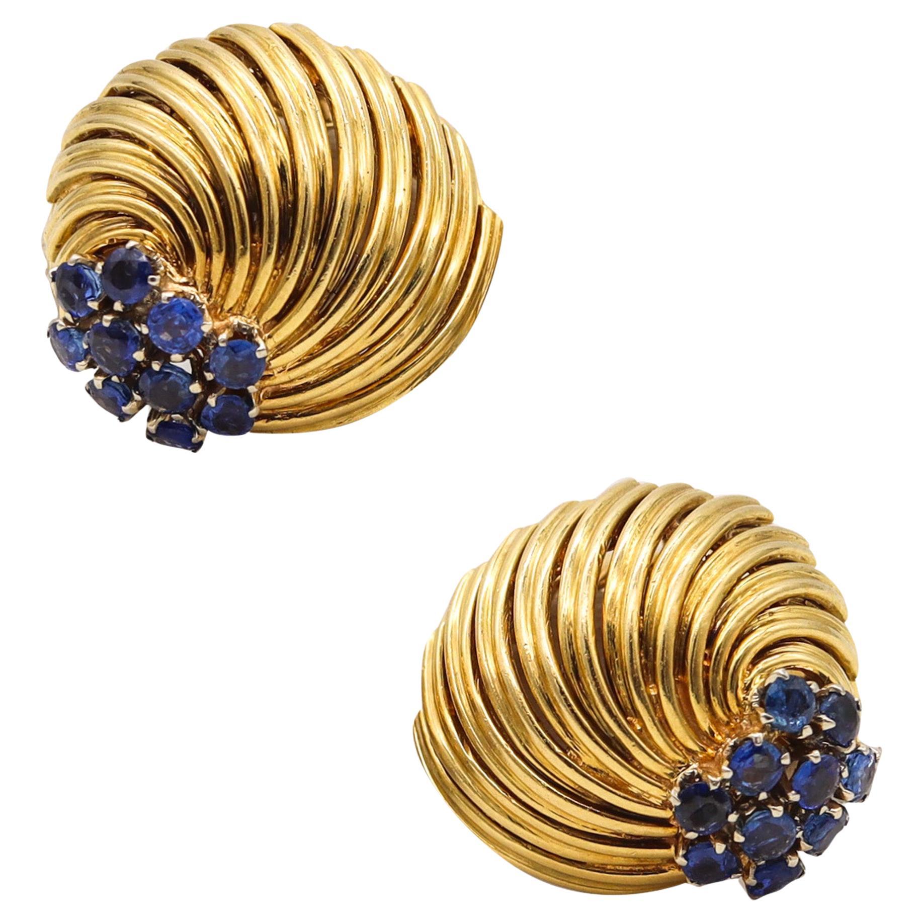 David Balogh 1960 Ear Clips In 18Kt Yellow Gold With 2.04 Ctw In Blue Sapphires For Sale