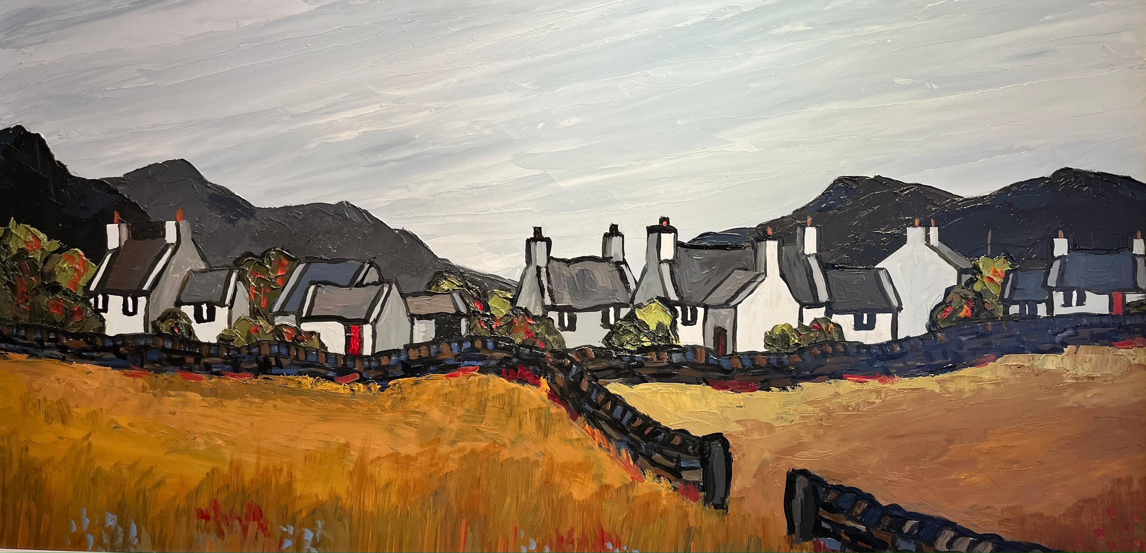 Peinture de montagne galloise « A Village in Gwynedd », avec des chalets blancs, orange  - Painting de David Barnes