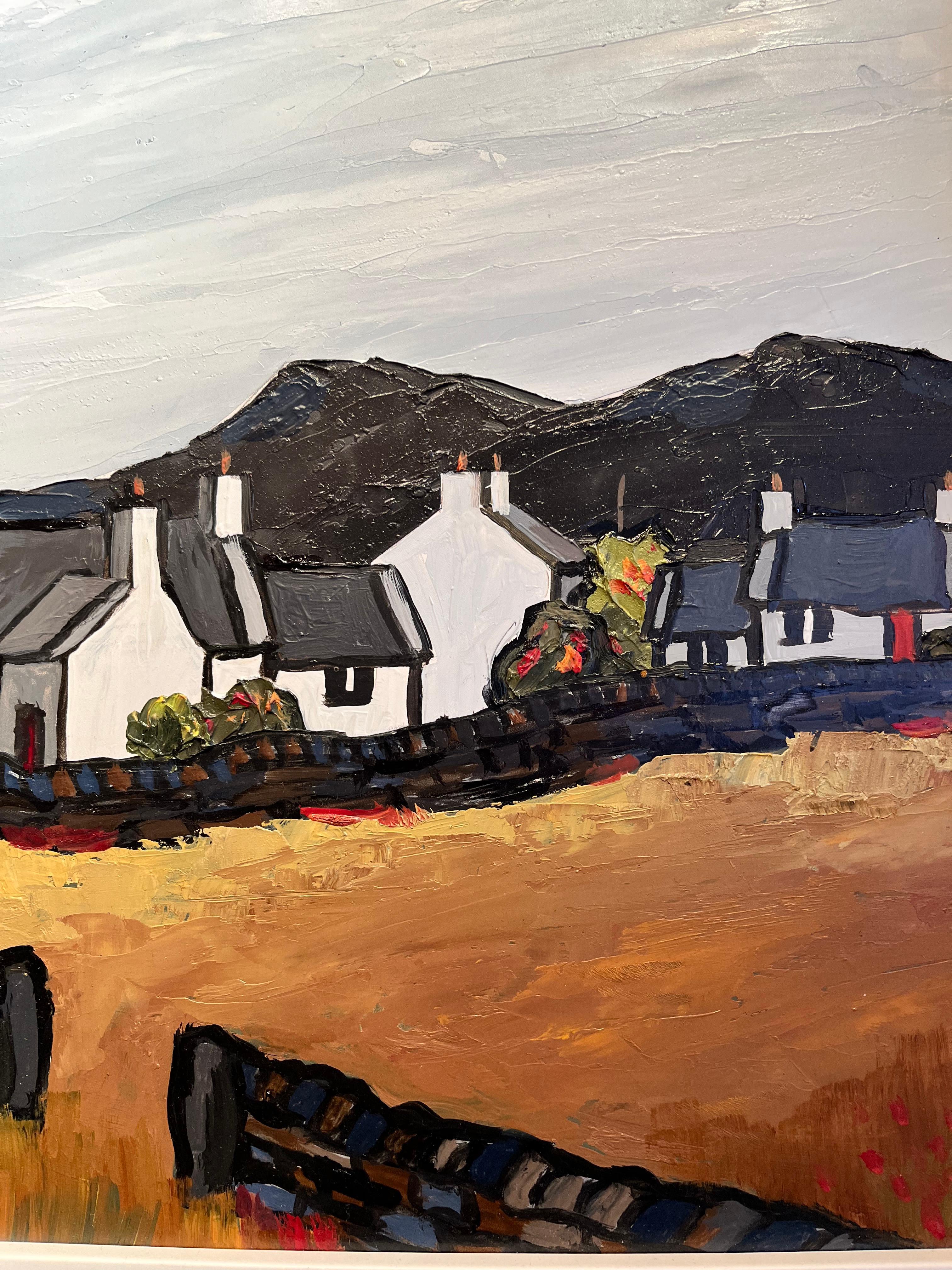 Peinture de montagne galloise « A Village in Gwynedd », avec des chalets blancs, orange  - Contemporain Painting par David Barnes