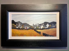 'A Village in Gwynedd' Welsh mountain painting, with white cottages, orange 