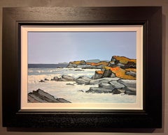 'Near Rhosneigr' Welsh landscape painting of the sea, waves, rocks, blue, orange