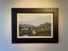 'Road to Betws Coed' Welsh Landscape painting of cottages, fields & moody sky