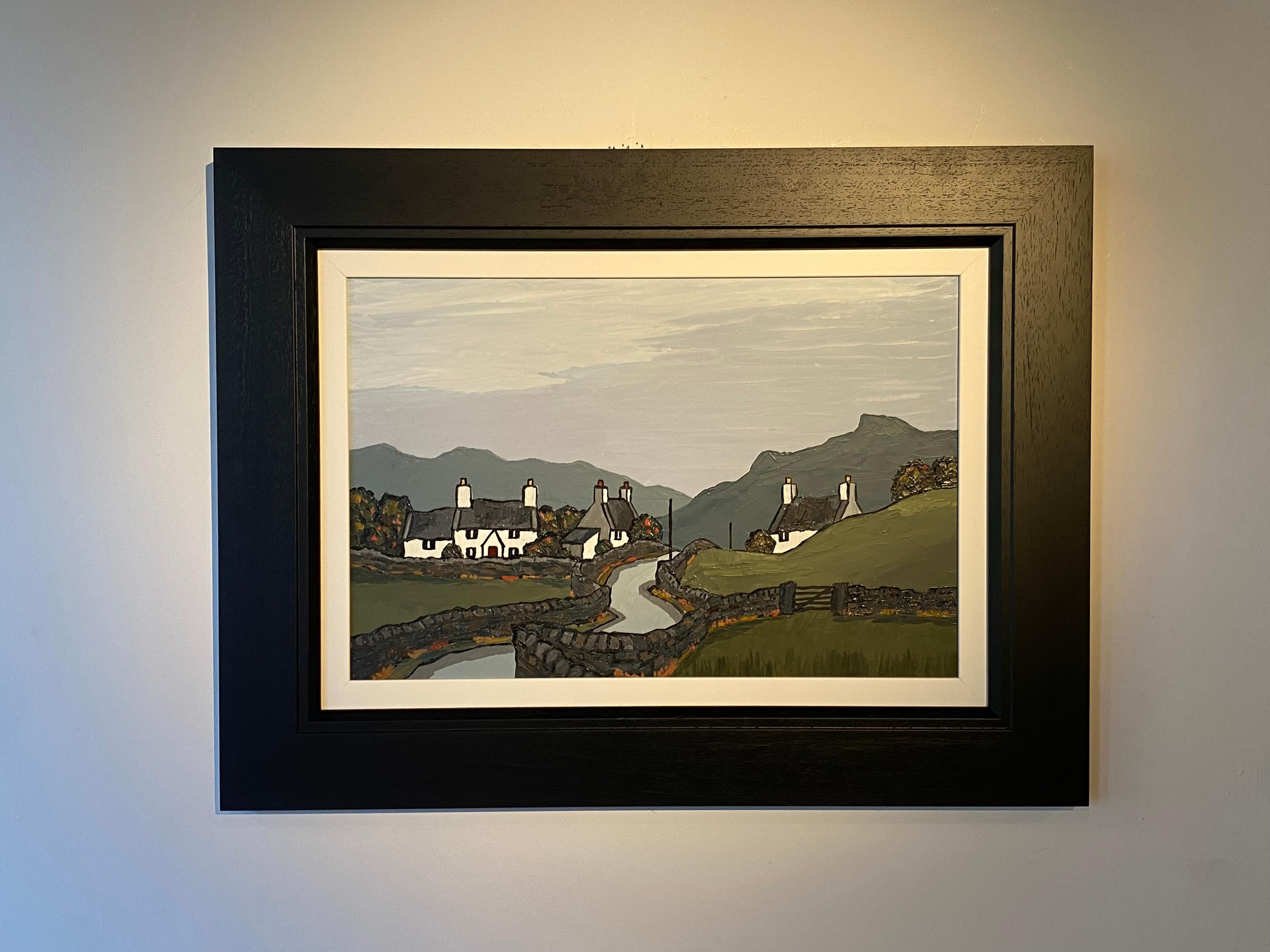 'Road to Betws Coed' Welsh Landscape painting of cottages, fields & moody sky - Painting by David Barnes