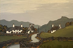 'Road to Betws Coed' Welsh Landscape painting of cottages, fields & moody sky