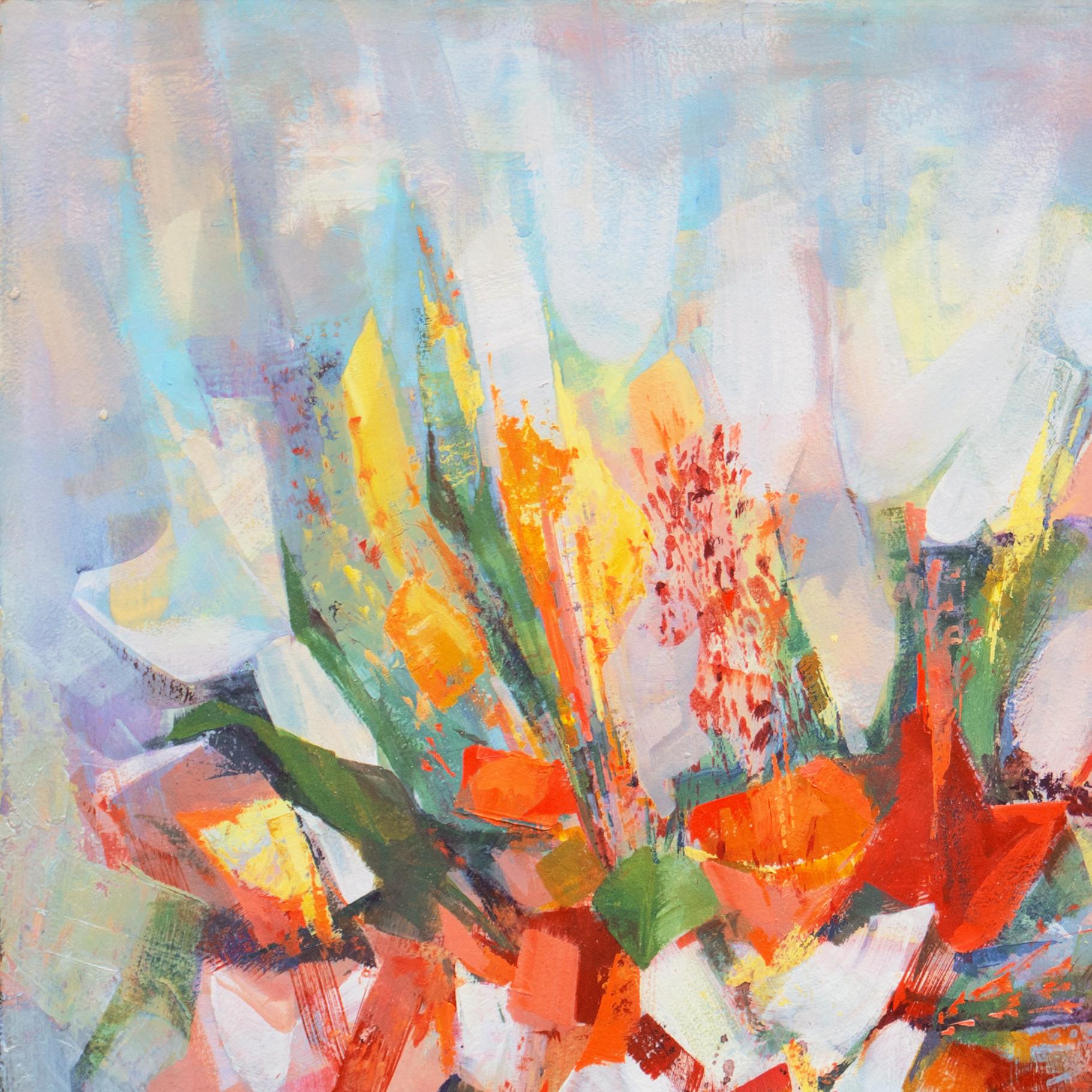 'Tulips and Calla Lilies', Mendocino, Californie, grande nature morte à l'huile moderniste - Impressionnisme Painting par David Barnes