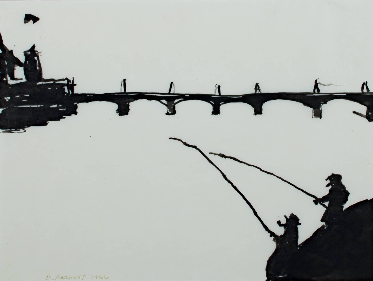"Pescando en Amsterdam" es un dibujo original a tinta sobre papel de David Barnett. El artista firmó la pieza en la parte inferior izquierda. Representa a dos figuras pescando delante de un puente. 

Arte 8 1/2" x 11
Marco de 13" x 15 5/8

David