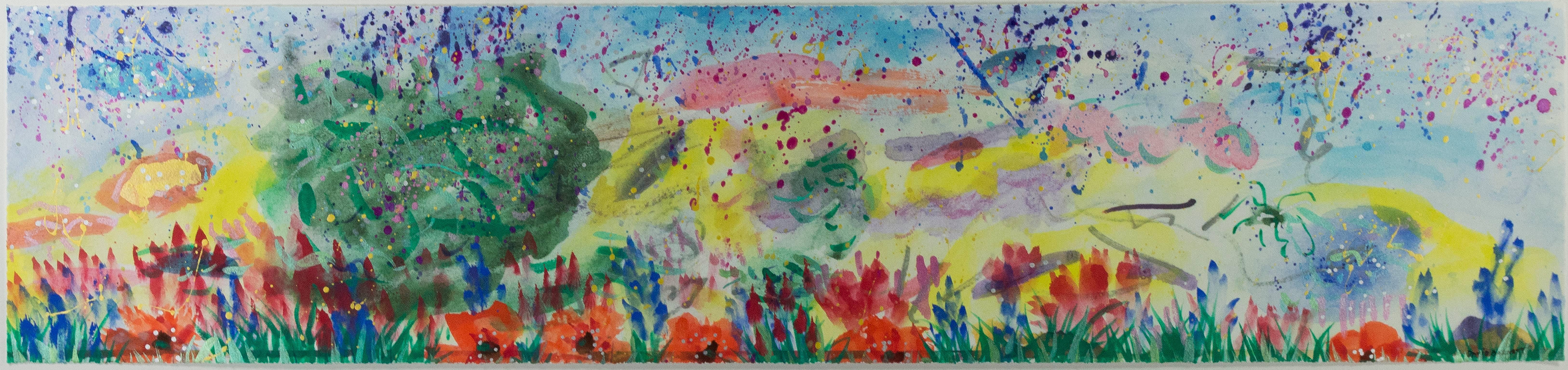 "Abstract with Grass and Poppies I" is an original watercolor, iridescent acrylic, and ink painting on watercolor paper by David Barnett. The artist signed the piece lower right. This piece may be sold with "Abstract with Grass and Poppies II" as a