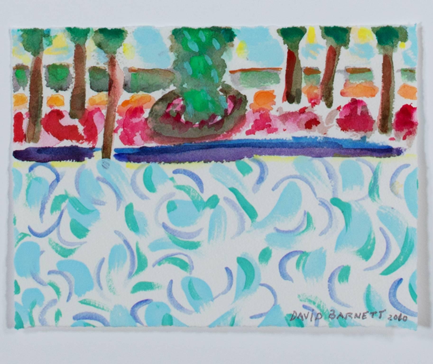 "Famous Artist Series: Hommage an David Hockney - Tri-Color Water" ist ein Originalwerk in Mischtechnik von David Barnett. Der Künstler signierte und datierte das Kunstwerk unten rechts. Es stellt ein Schwimmbad im Stil von David Hockney dar. 

5" x