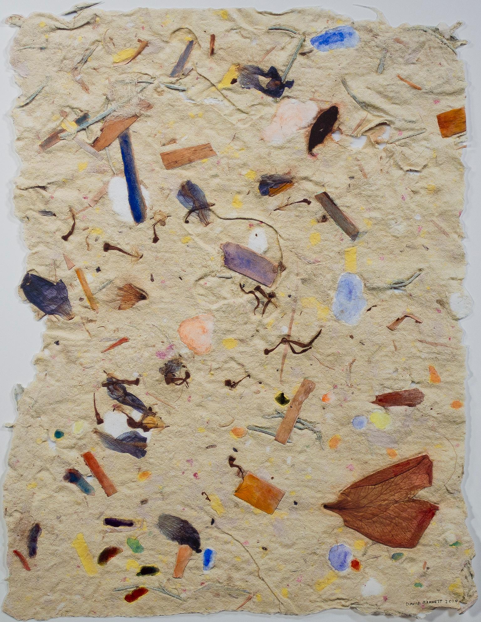 "Garden Celebration I" is an original mixed media piece by David Barnett, including watercolor on paper that was hand-made by the artist. The artist has embedded various objects into the paper, including leaves and flower petals and colored strips