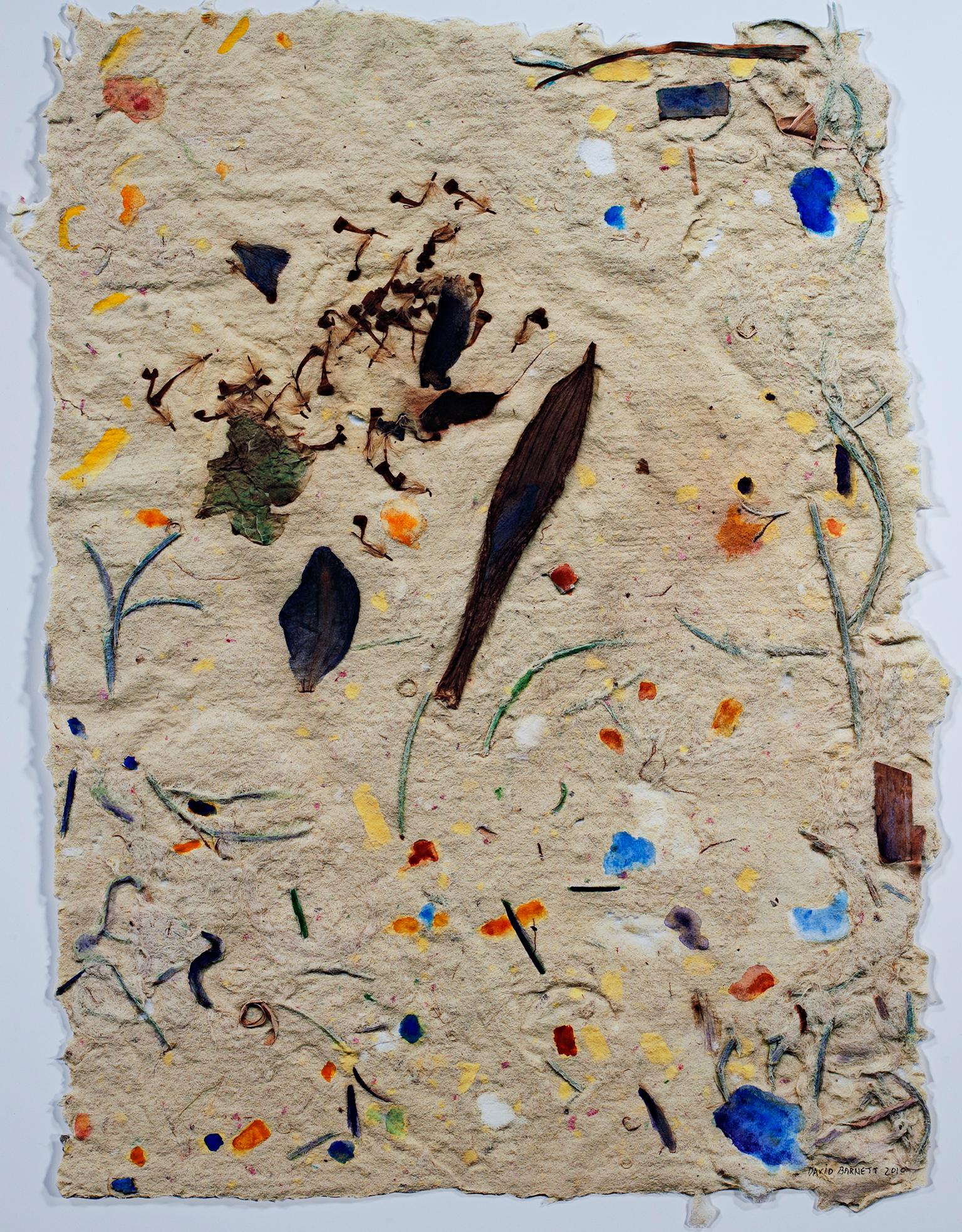 "Garden Celebration II" is an original mixed media piece by David Barnett, including watercolor on paper that was hand-made by the artist. The artist has embedded various objects into the paper, including leaves and flower petals and colored strips