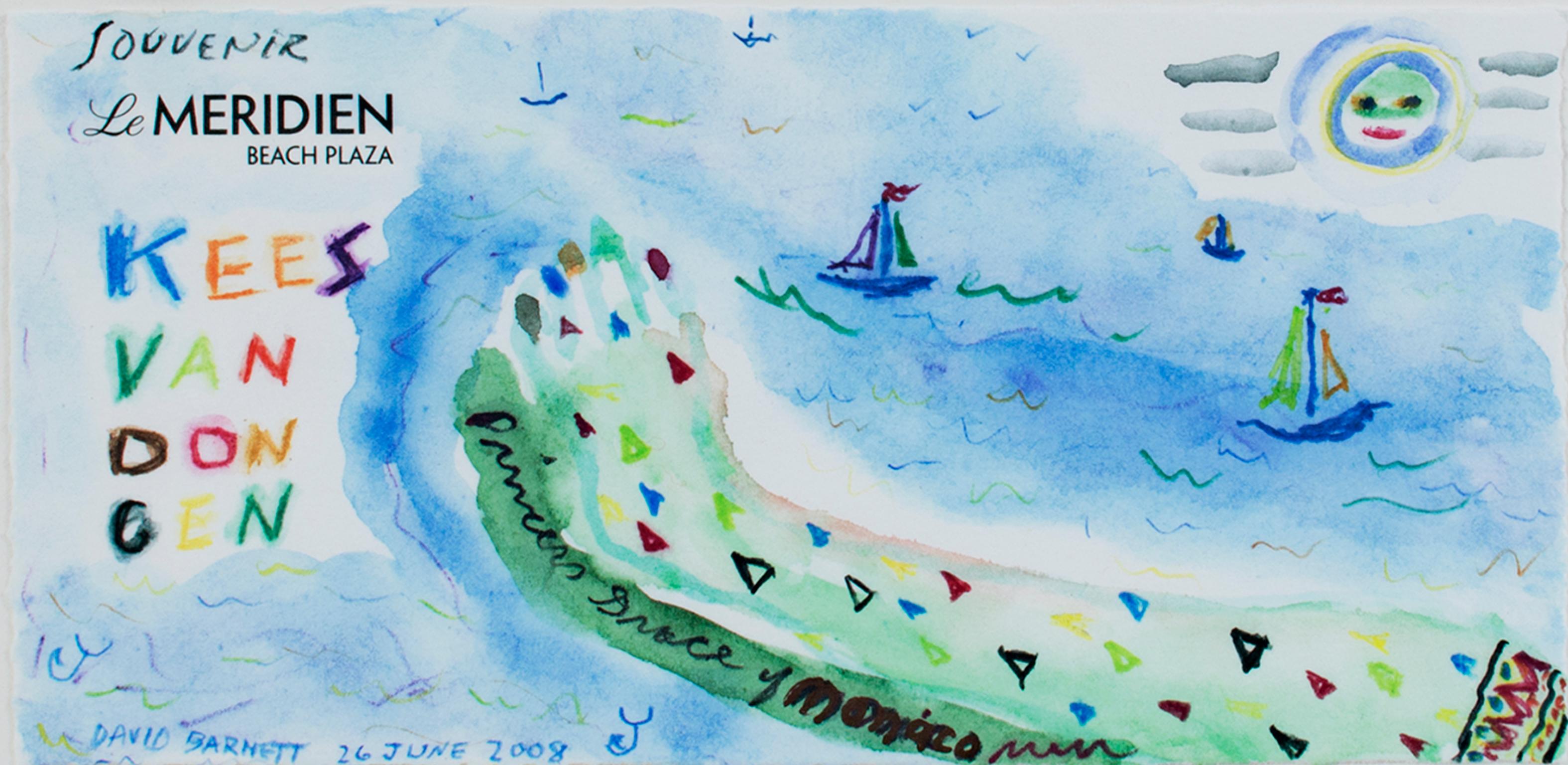"Hommage à Kees Van Dongen : Souvenir Le Meridien" est une œuvre originale en techniques mixtes de David Barnett, signée en bas à gauche et à droite. Peint sur la station de l'hôtel Le Méridien, il présente une représentation abstraite de la plage